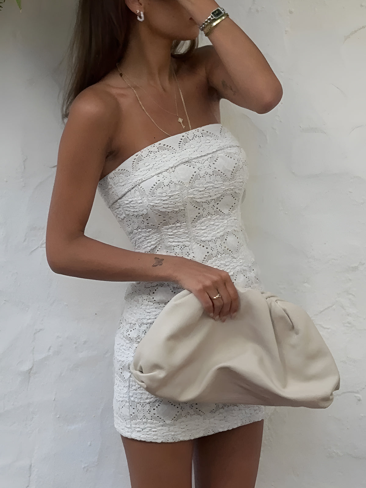 Semi-Sheer Lace Tube Short Dress-Massicos