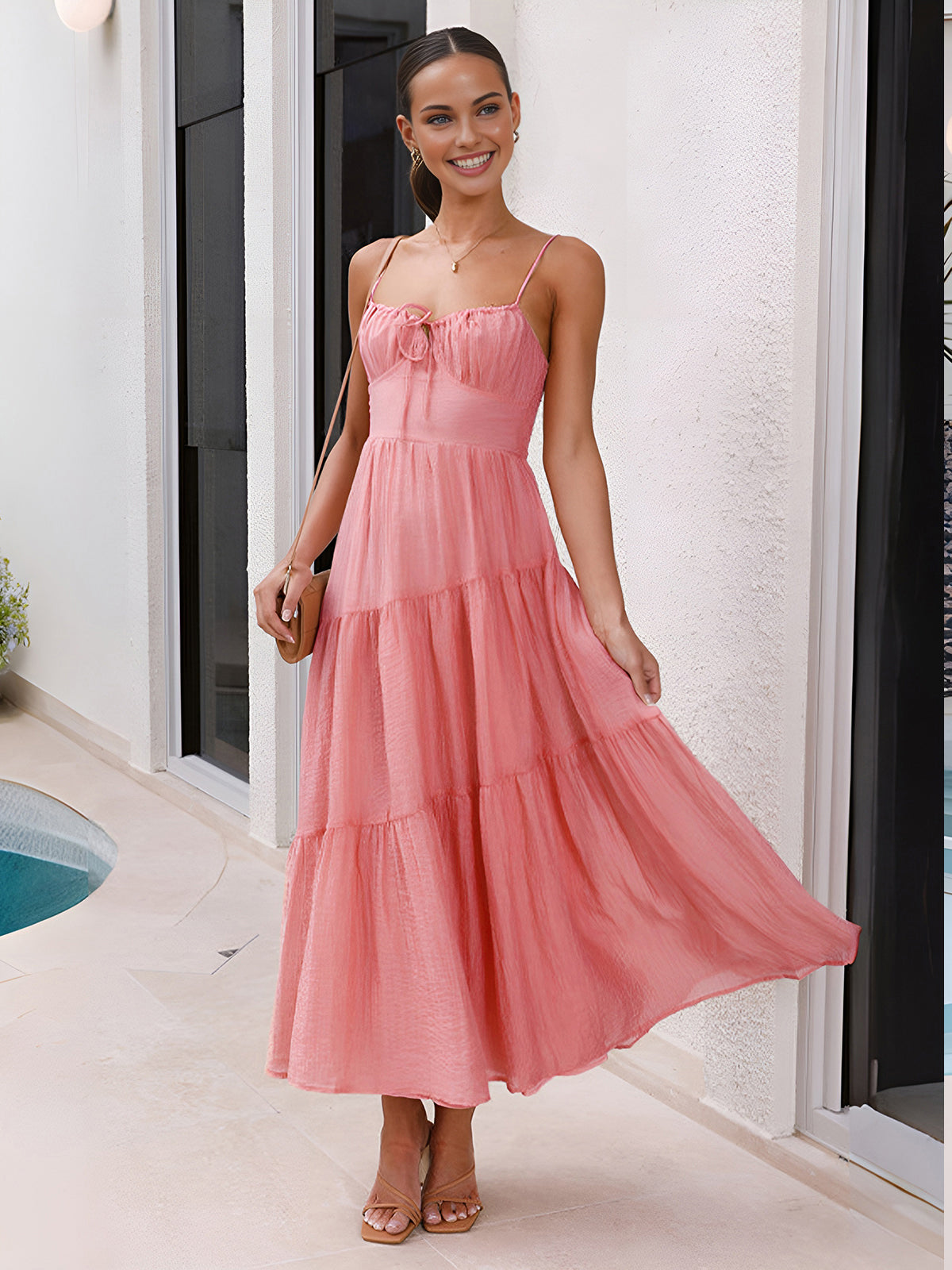 Back Smocking Design Tiered Cami Long Dress-Massicos