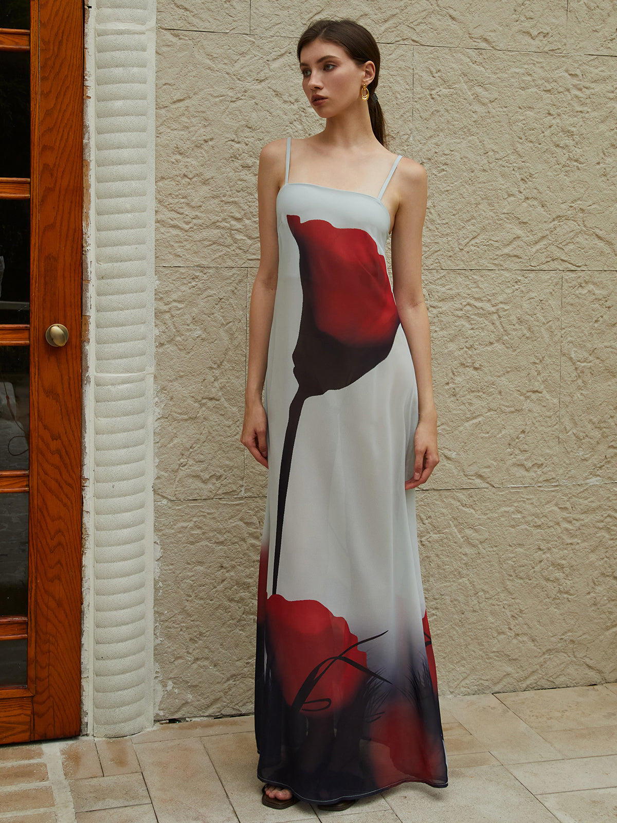 Sheer Large Floral Print Cami Long Dress-Massicos