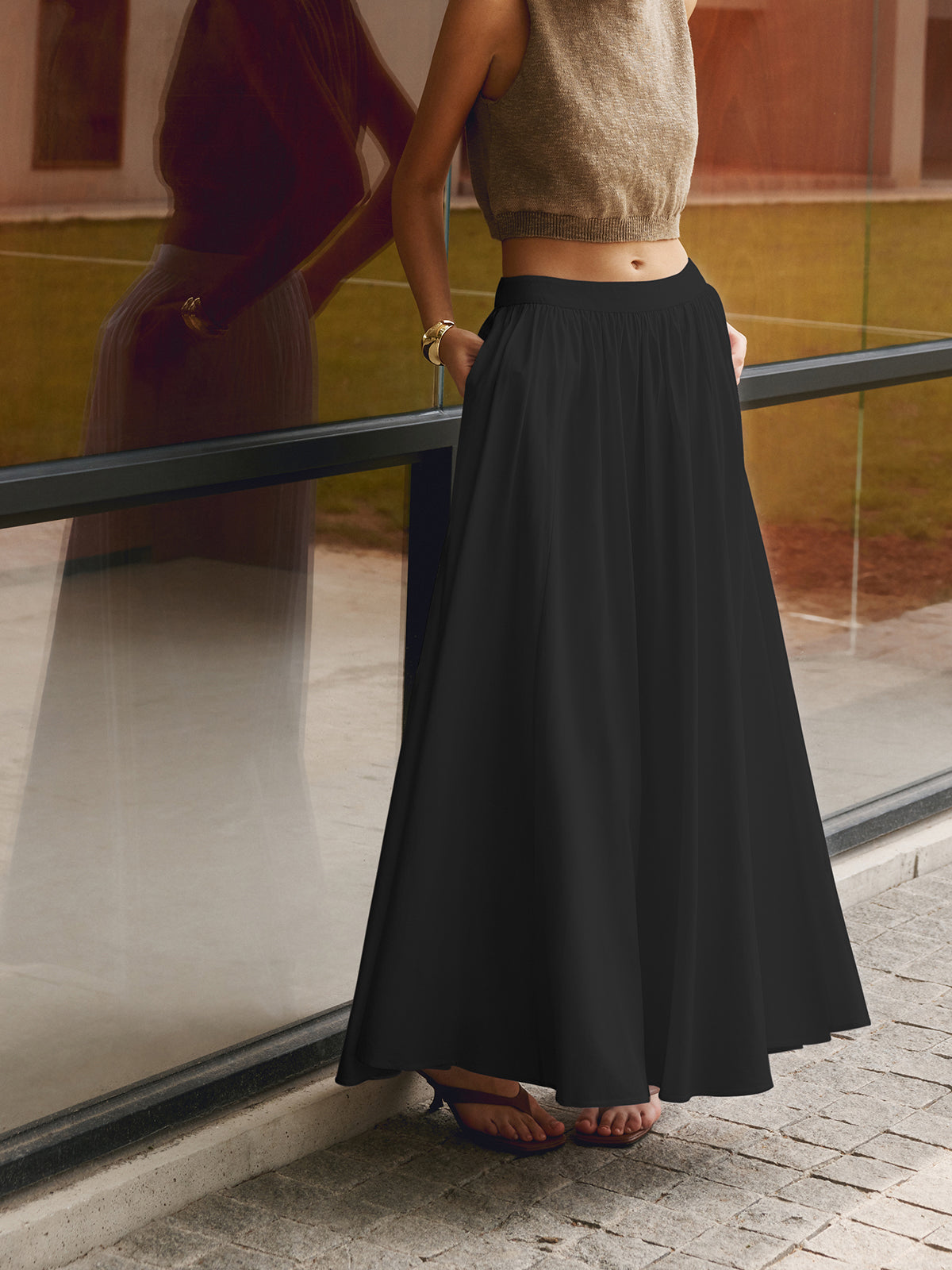 Linen Pleated Maxi Skirt-Massicos