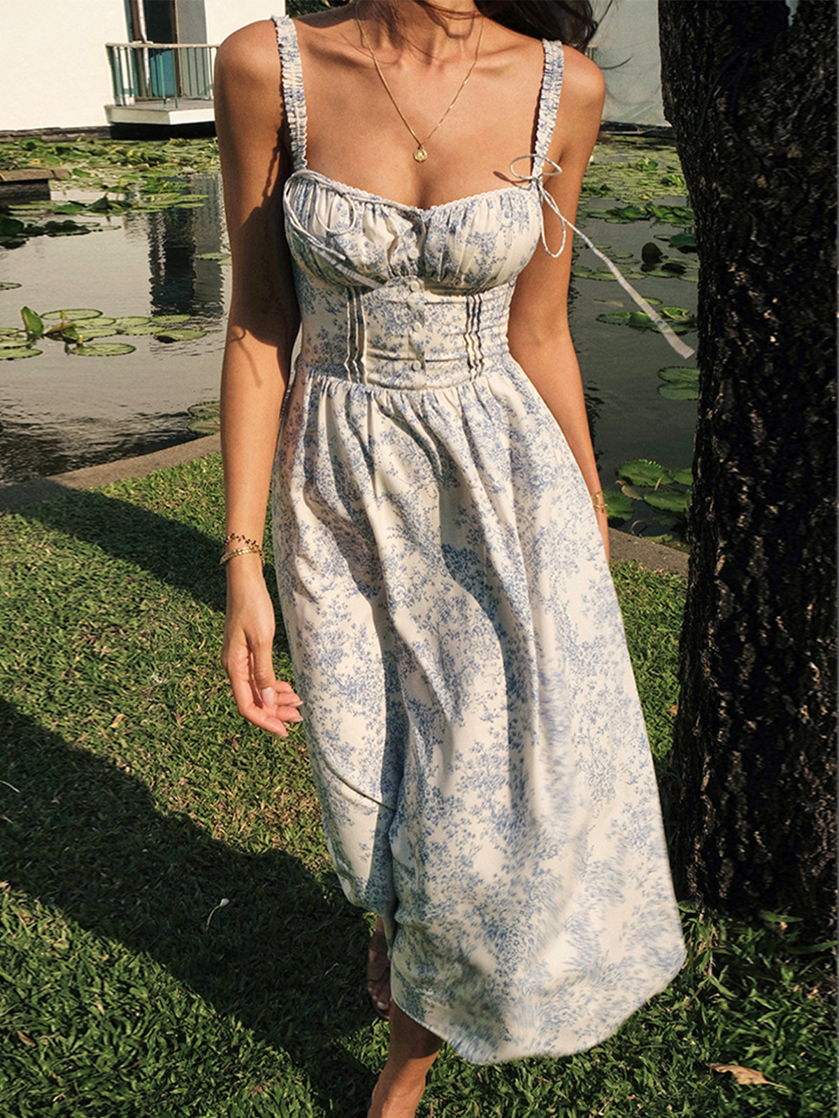 Sapphire Garden Floral Cami Midi Dress-Massicos