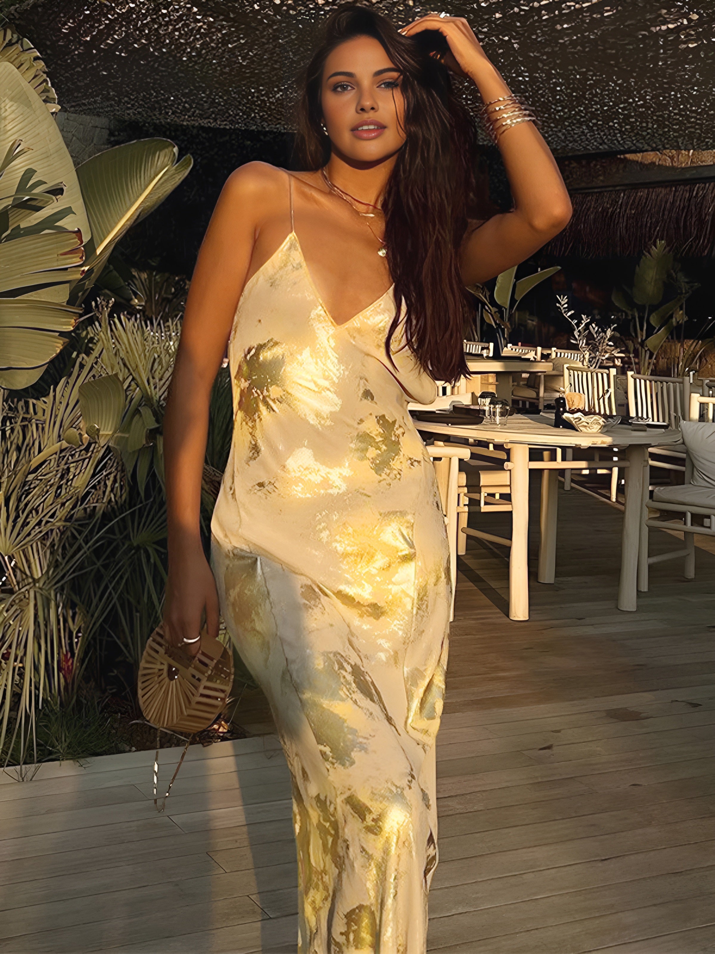 Metallic Print V-Neck Backless Slip Long Dress-Massicos