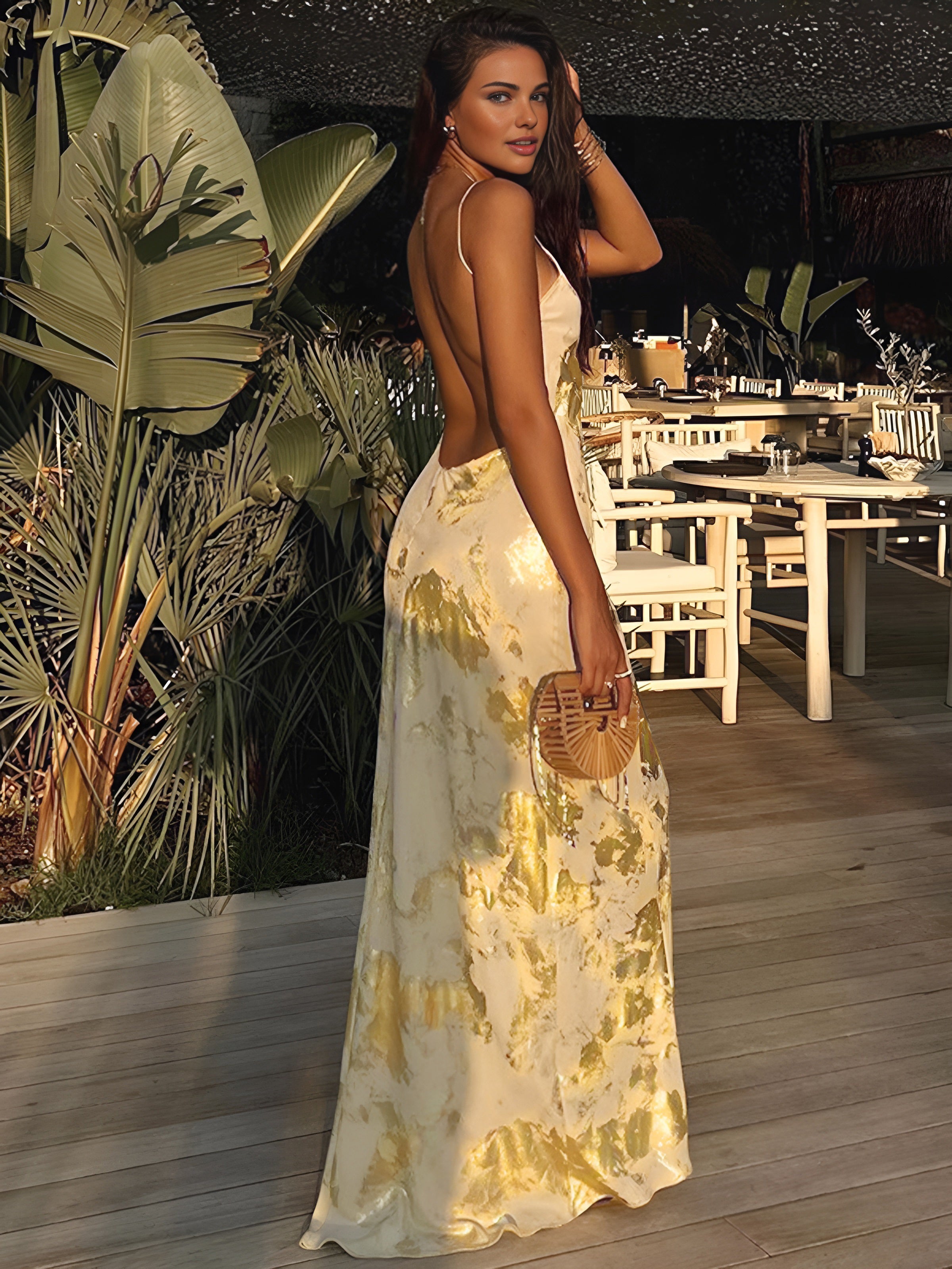 Metallic Print V-Neck Backless Slip Long Dress-Massicos