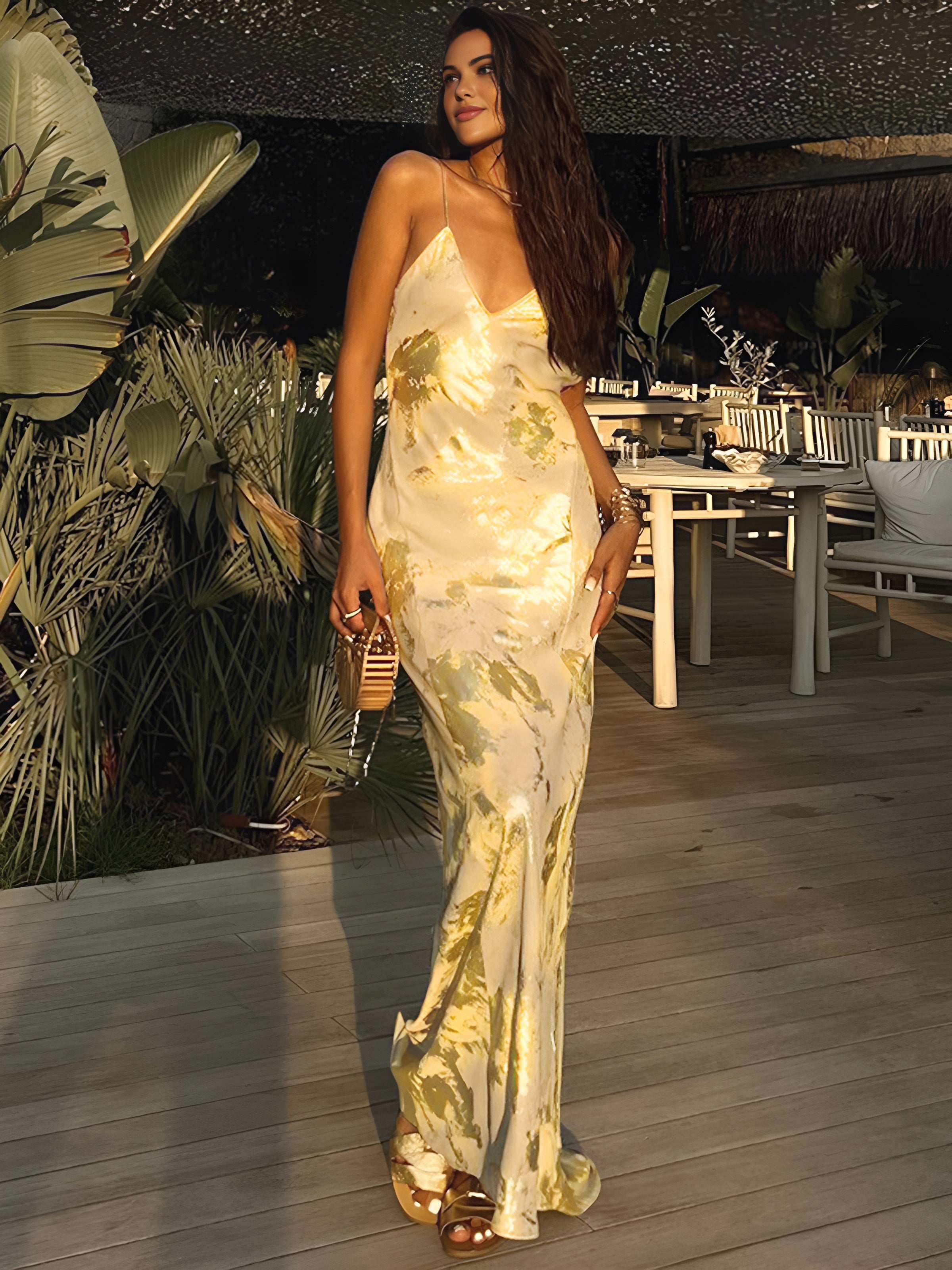Metallic Print V-Neck Backless Slip Long Dress-Massicos