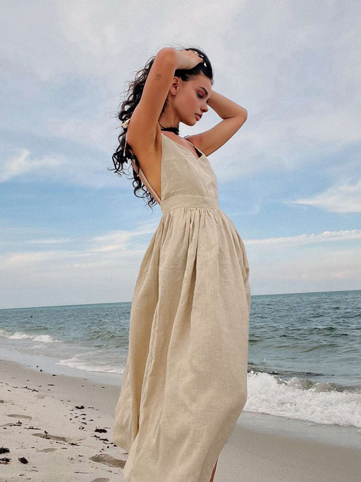 Cotton & Linen Backless Long Dress-Massicos