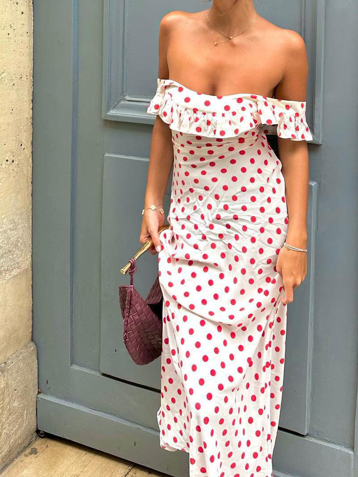 Semi-Sheer Polka Dot Ruffle Hem Off-Shoulder Long Dress-Massicos