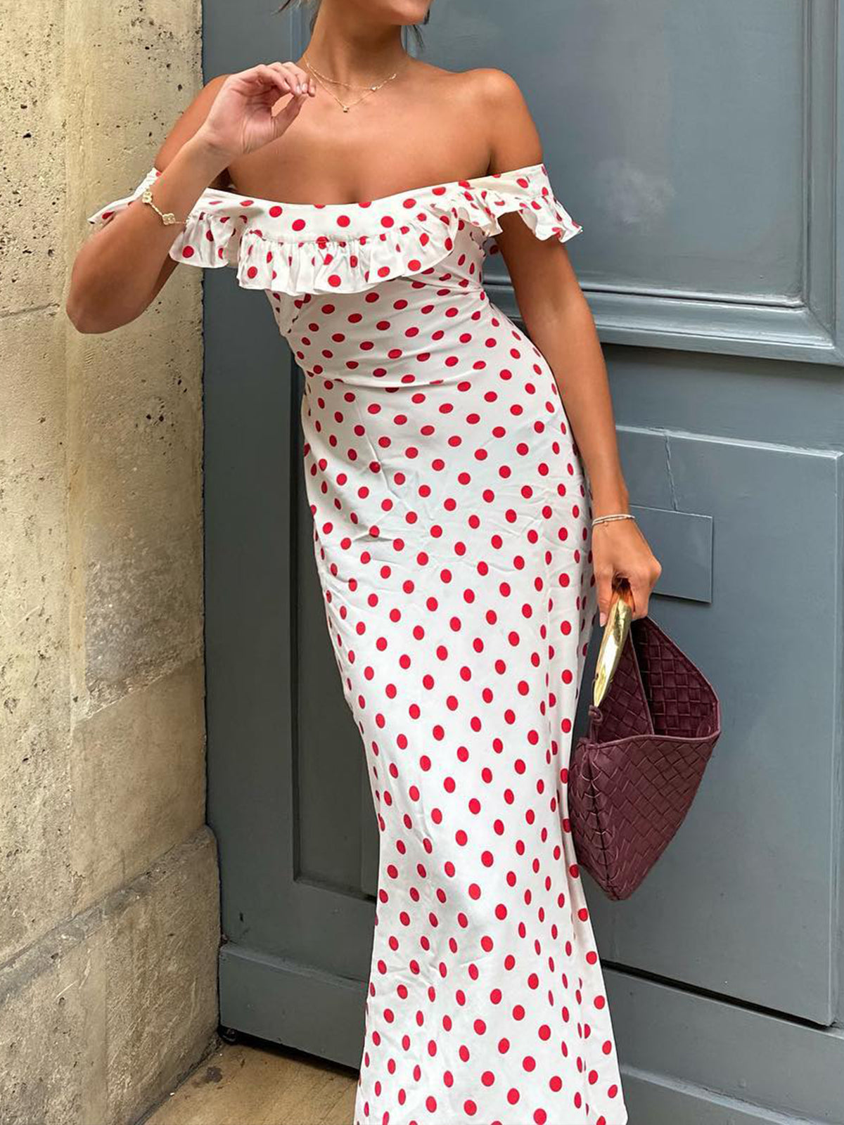 Semi-Sheer Polka Dot Ruffle Hem Off-Shoulder Long Dress-Massicos