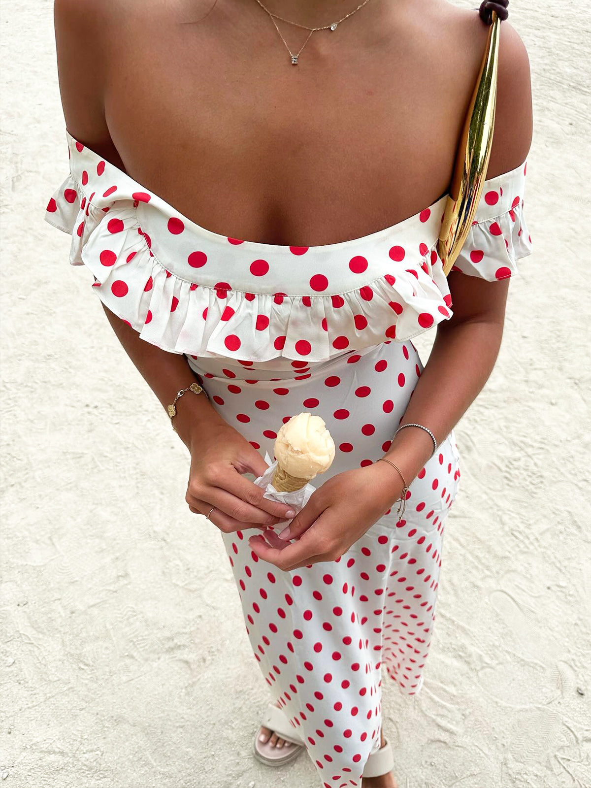 Semi-Sheer Polka Dot Ruffle Hem Off-Shoulder Long Dress-Massicos