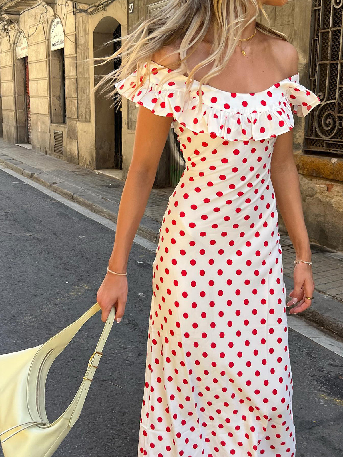 Semi-Sheer Polka Dot Ruffle Hem Off-Shoulder Long Dress-Massicos