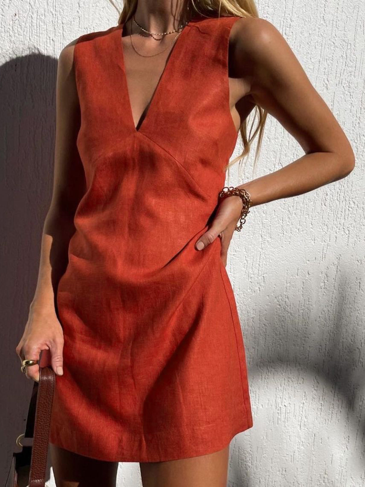 Cotton & Linen V-Neck Short Dress-Massicos