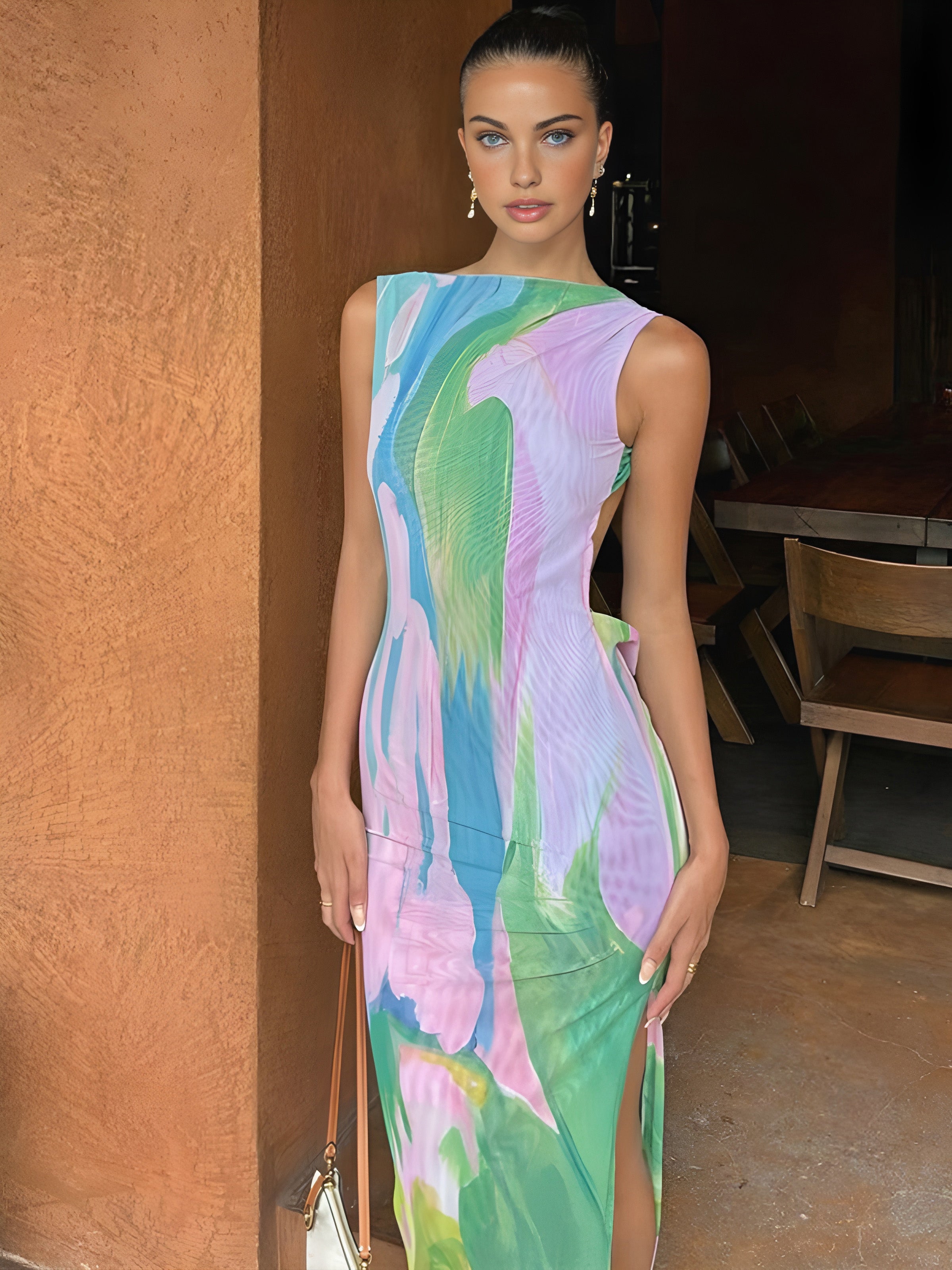 Monet Garden Print Sleeveless Long Dress-Massicos