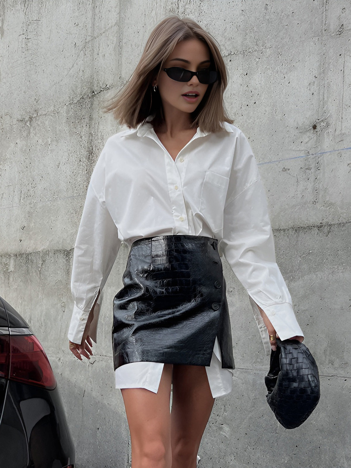 Casual Solid Shirt With Faux Leather Mini Skirt Set-Massicos