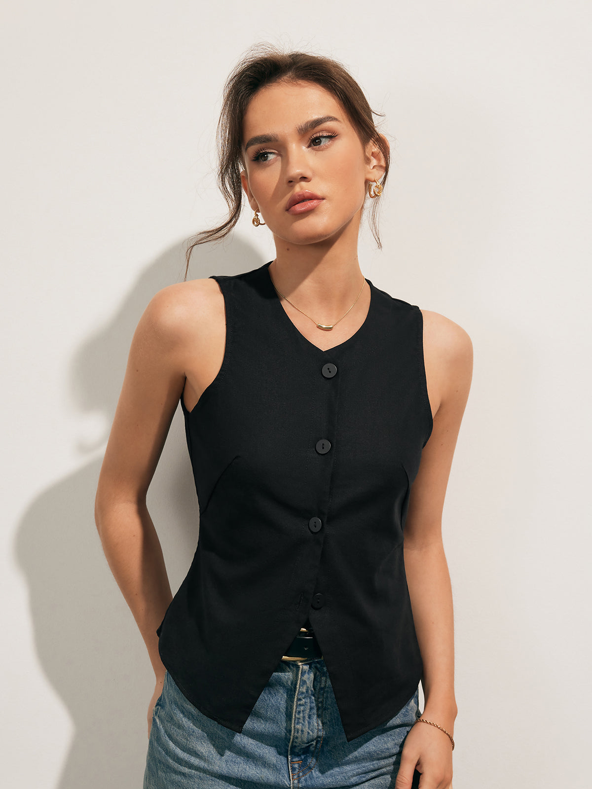 Linen Blends Button Up Tank Top-Massicos