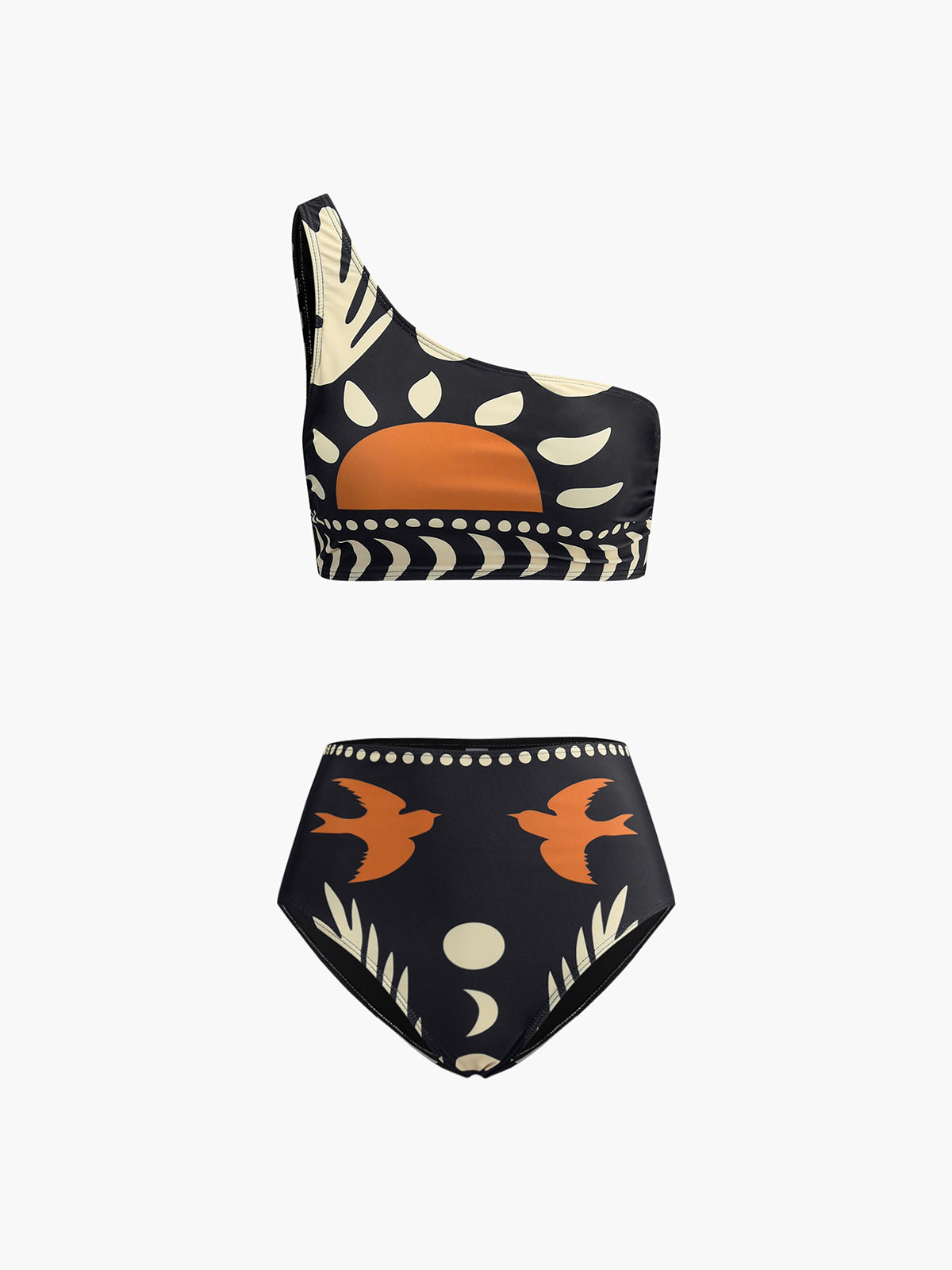 Bird Print Asymmetrical Neck Bikini Set-Massicos