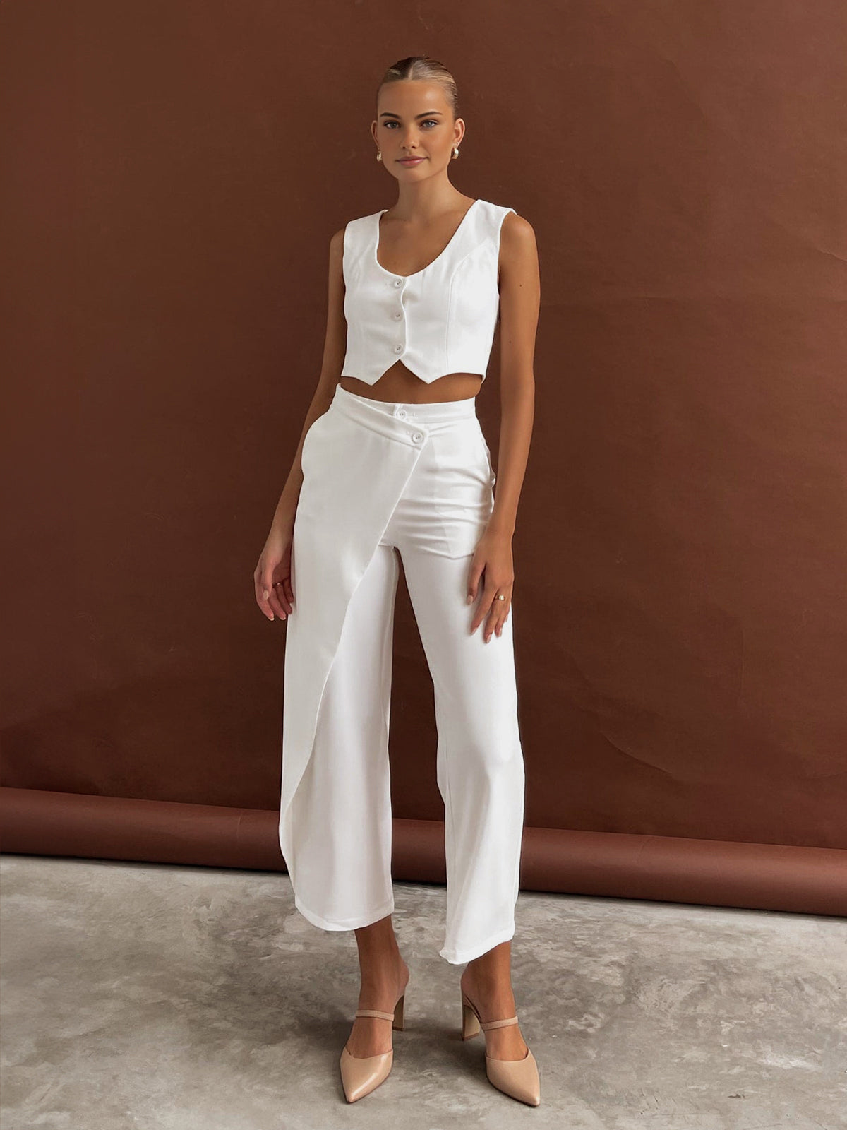 Solid  Asymmetrical Straight Leg Pants Set-Massicos