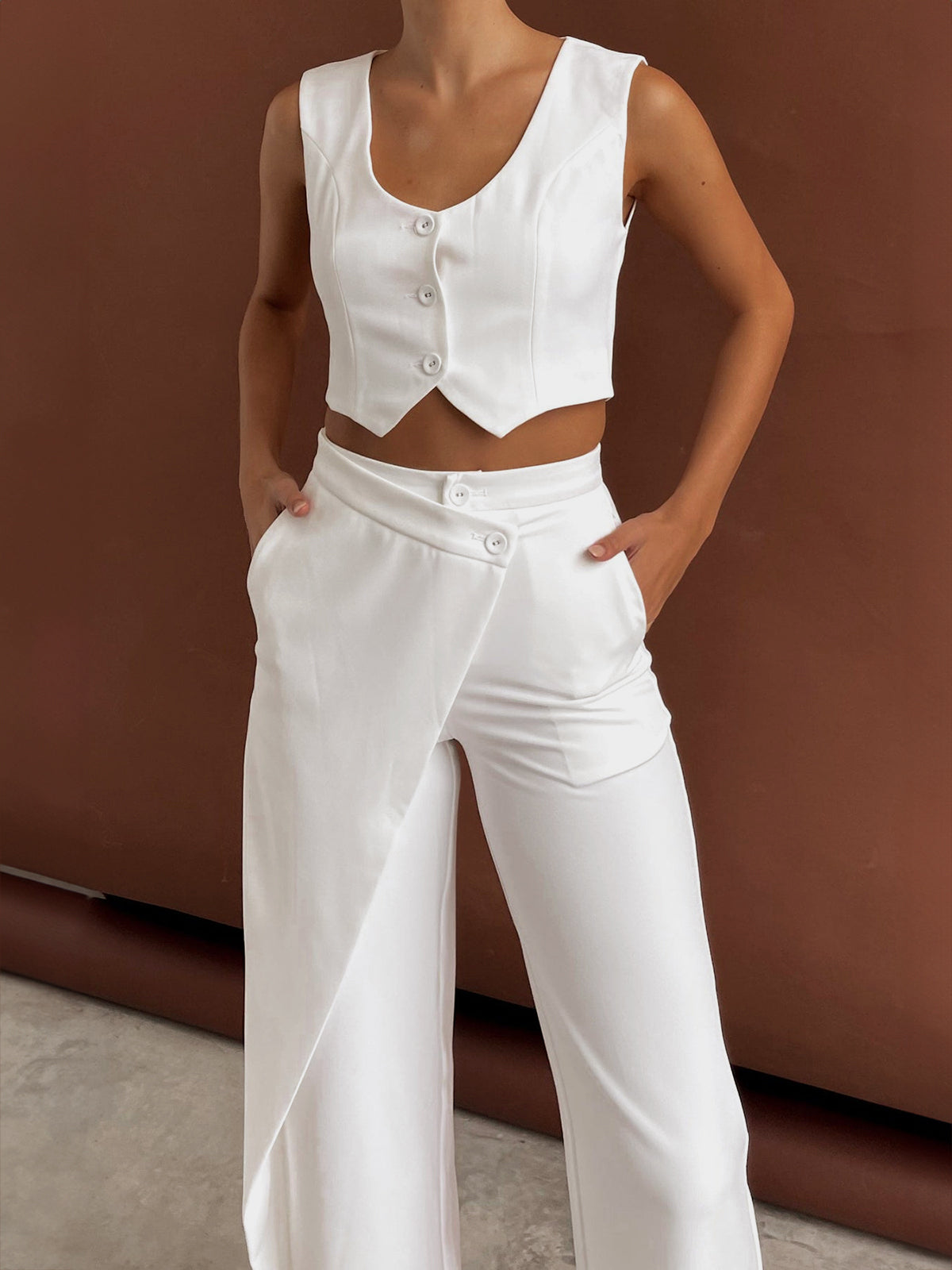 Solid  Asymmetrical Straight Leg Pants Set-Massicos