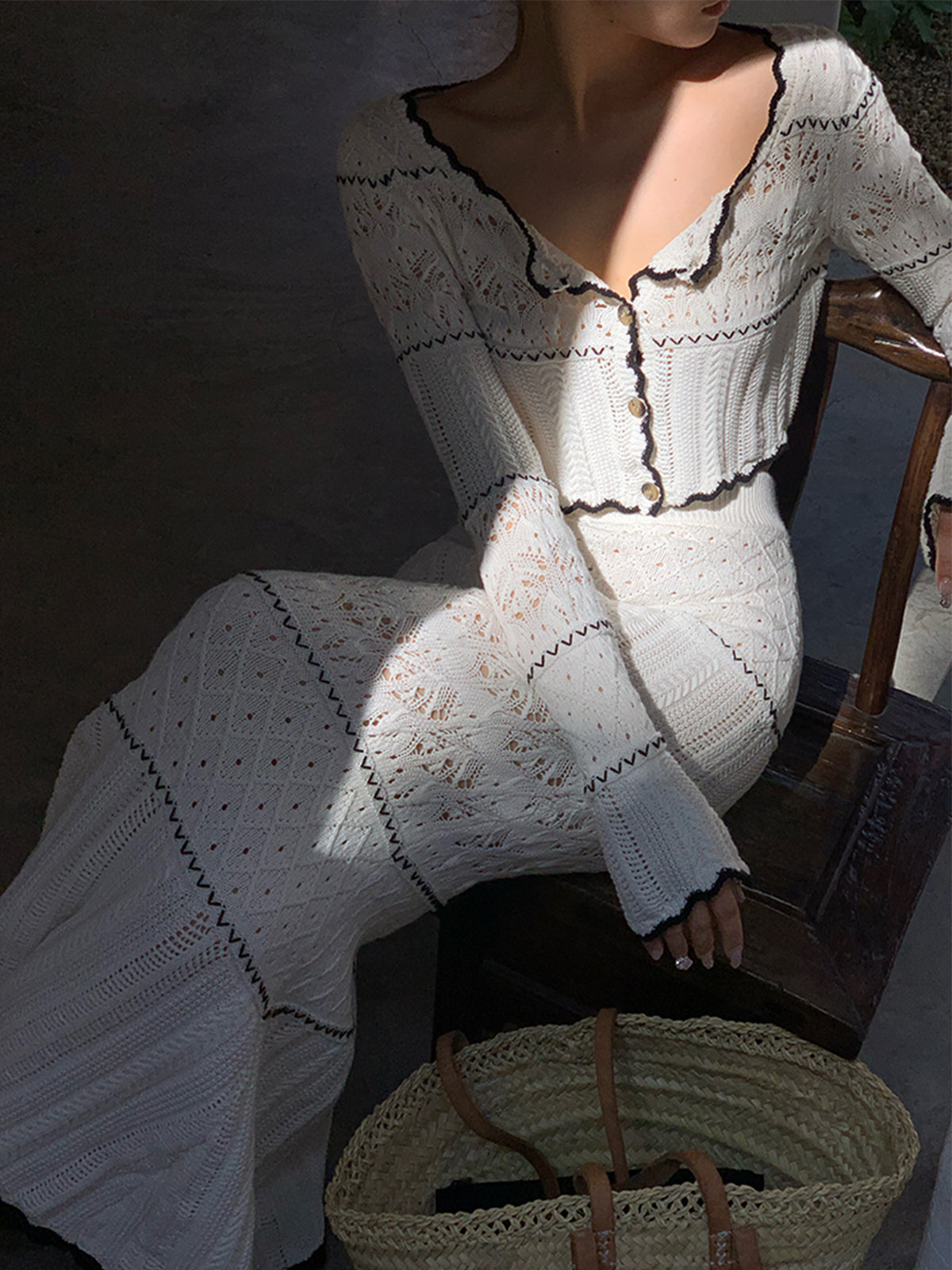 Contrast Binding Knit Maxi Skirt-Massicos