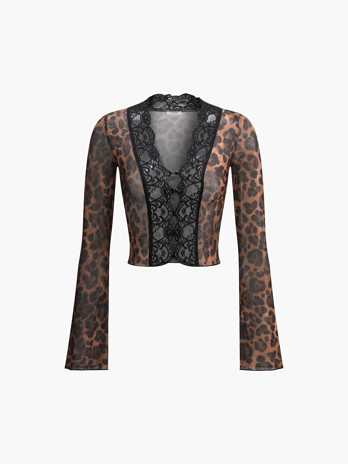Sheer Leopard Print Long Sleeve Lace Trim Blouse-Massicos