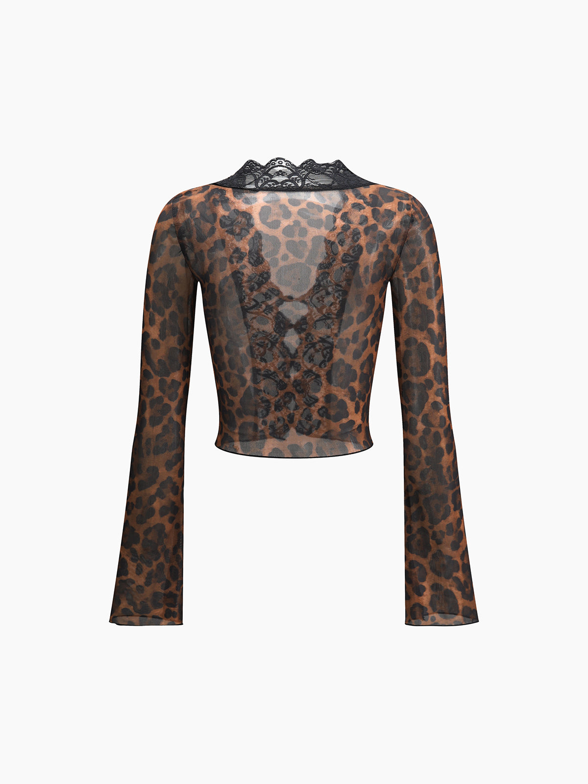 Sheer Leopard Print Long Sleeve Lace Trim Blouse-Massicos