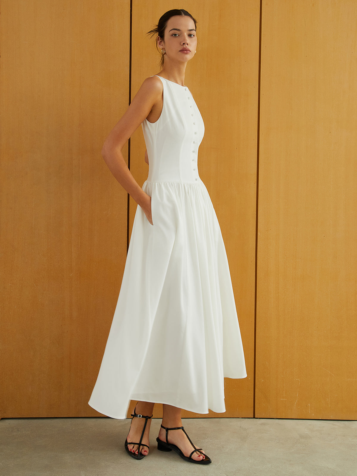 Button-Front Sleeveless Pockets Long Dress-Massicos