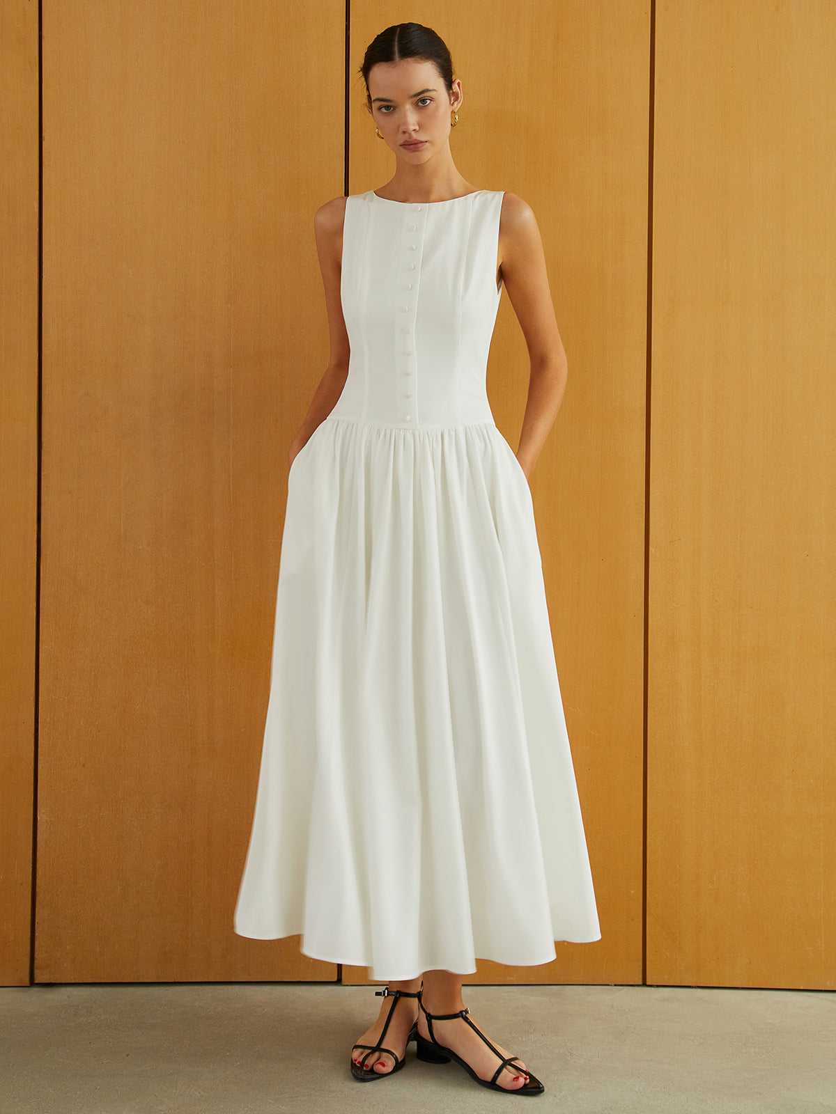 Button-Front Sleeveless Pockets Long Dress-Massicos