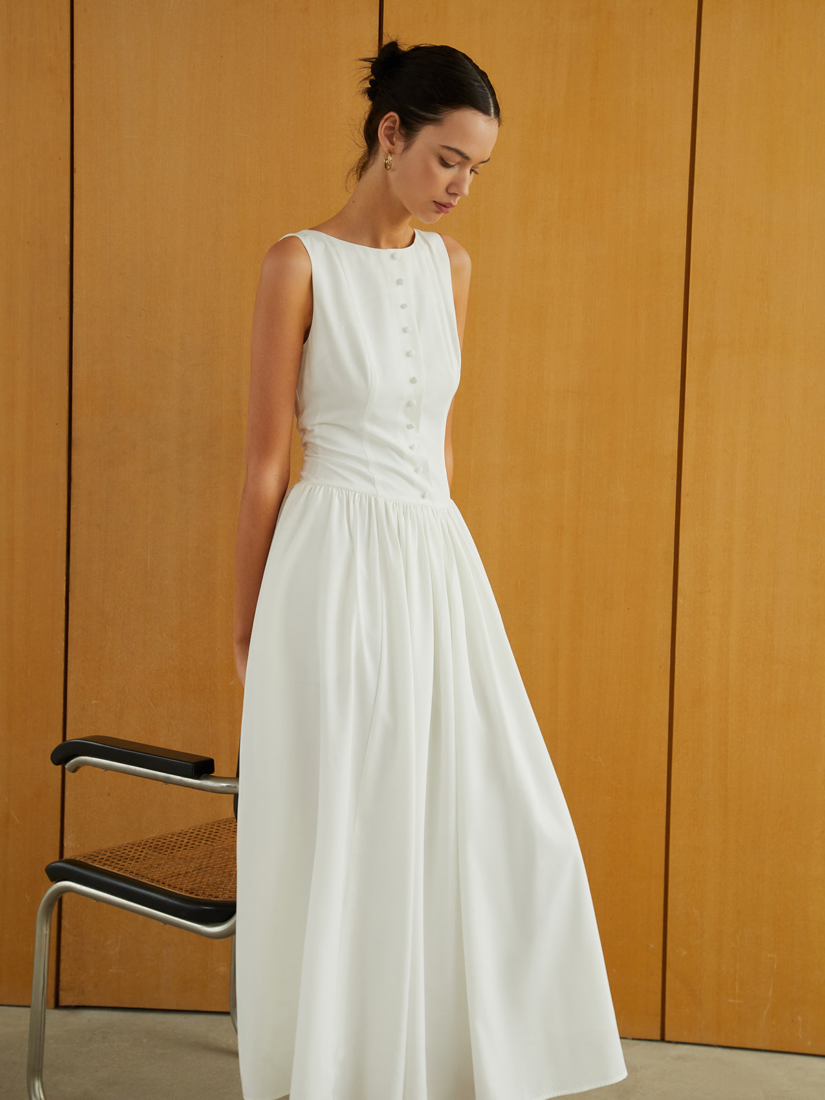 Button-Front Sleeveless Pockets Long Dress-Massicos