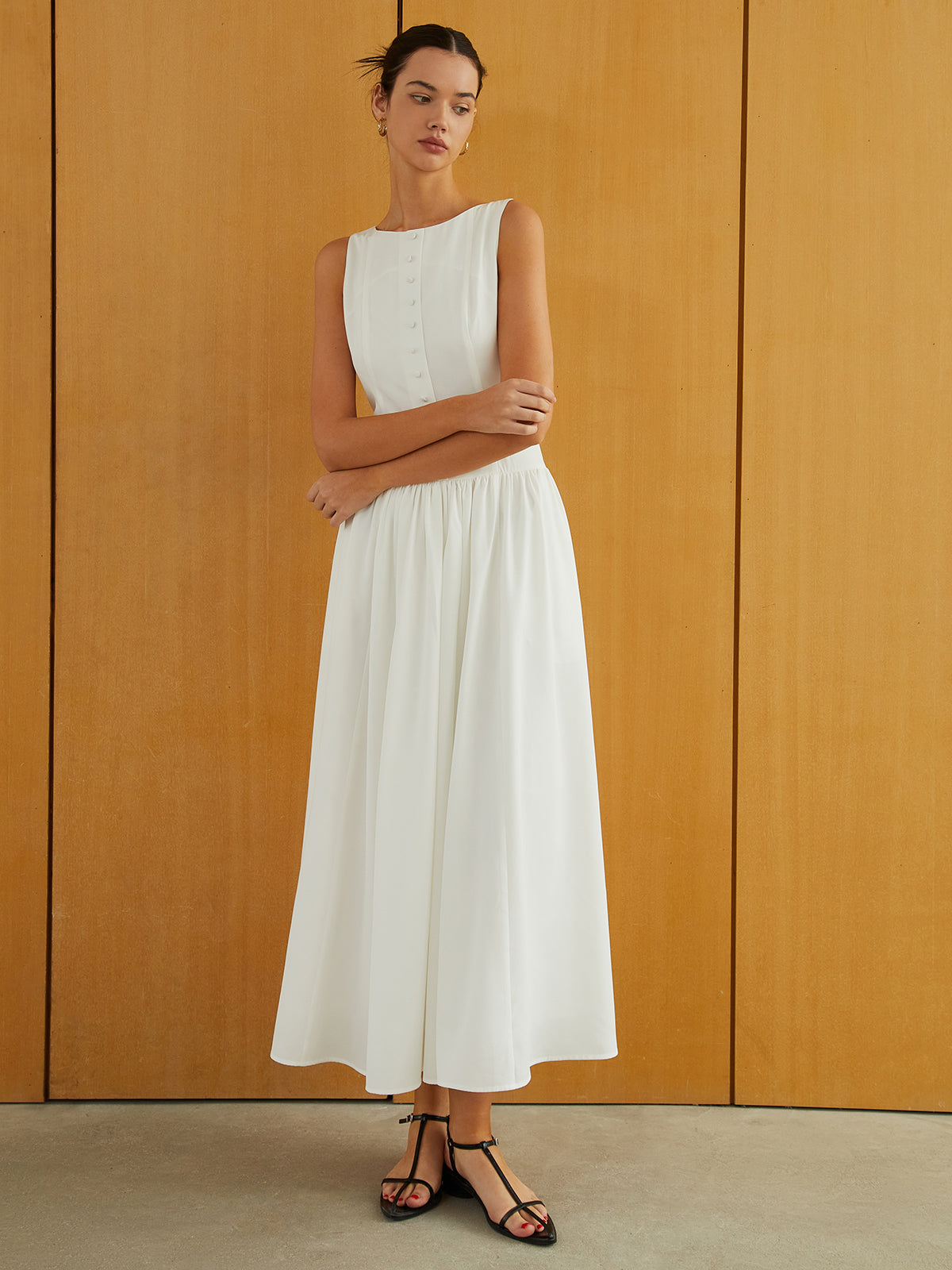 Button-Front Sleeveless Pockets Long Dress-Massicos