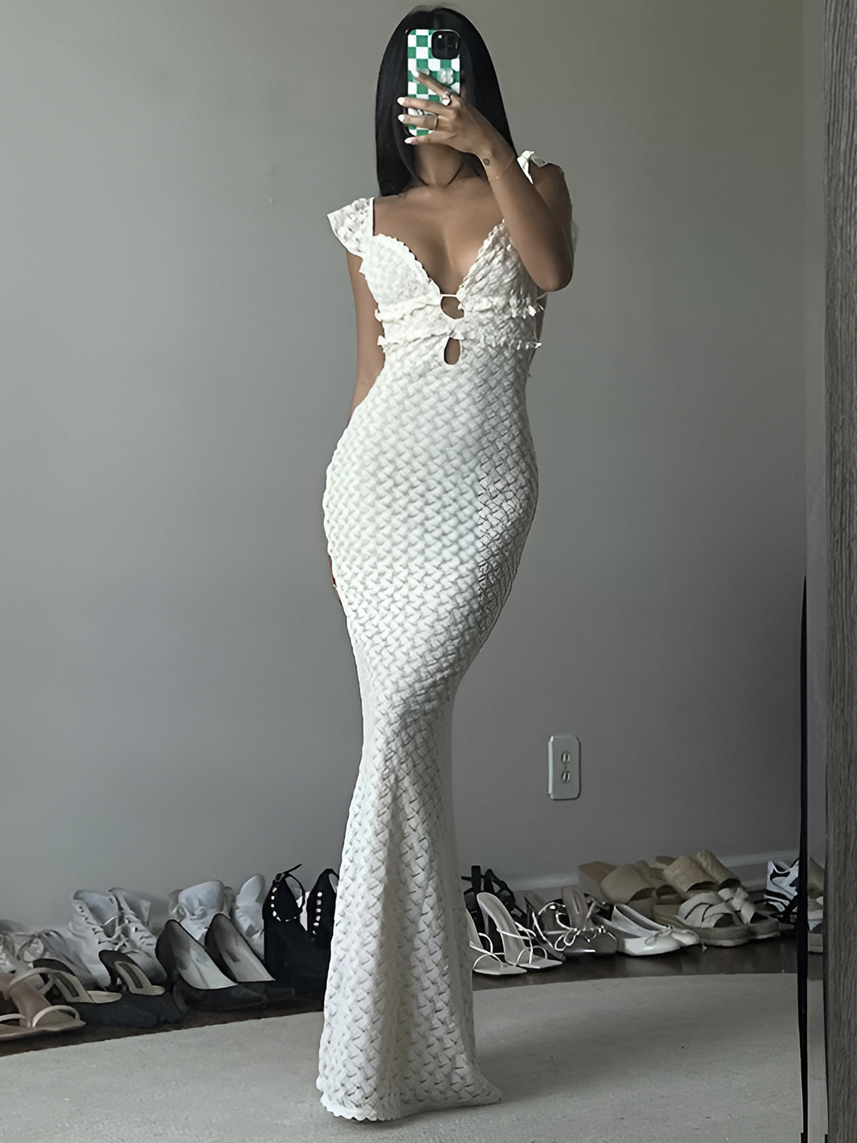 Semi-Sheer Pearl Keyhole Neckline Cami Long Dress-Massicos