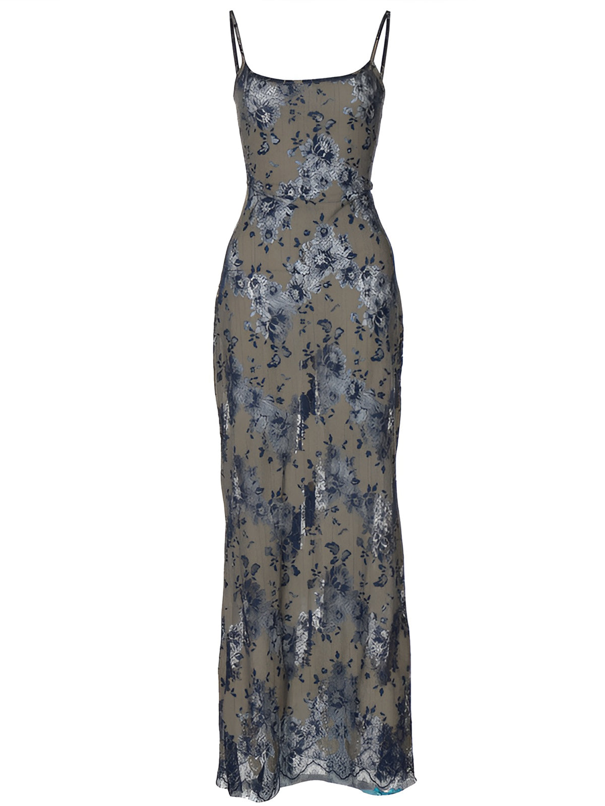 Semi-Sheer Midnight Garden Lace Up Cami Long Dress-Massicos