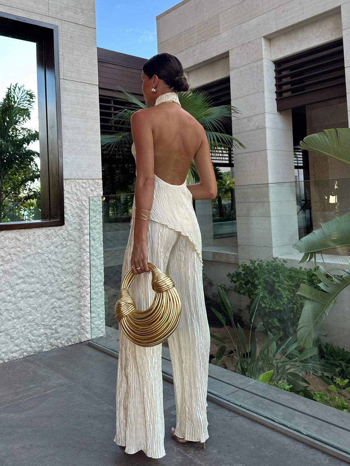 Asymmetric Halter Crop Top With Wide Leg Pants Set-Massicos