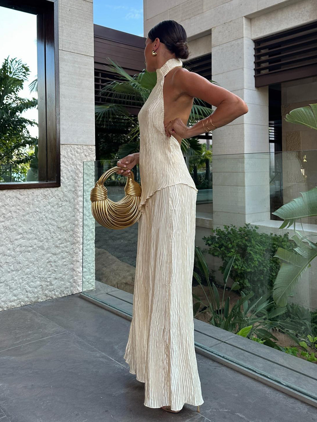Asymmetric Halter Crop Top With Wide Leg Pants Set-Massicos