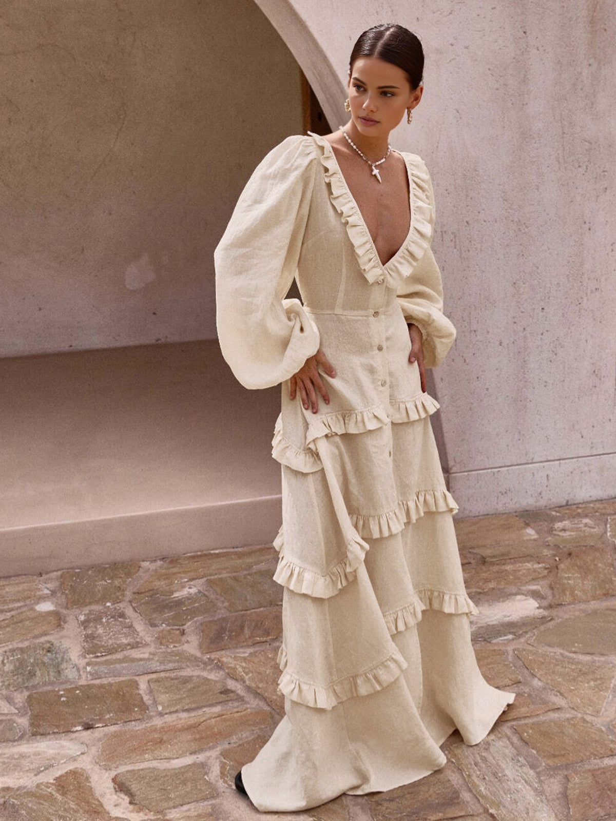 Cotton & Linen Semi-Sheer Ruffle Trim Long Dress-Massicos