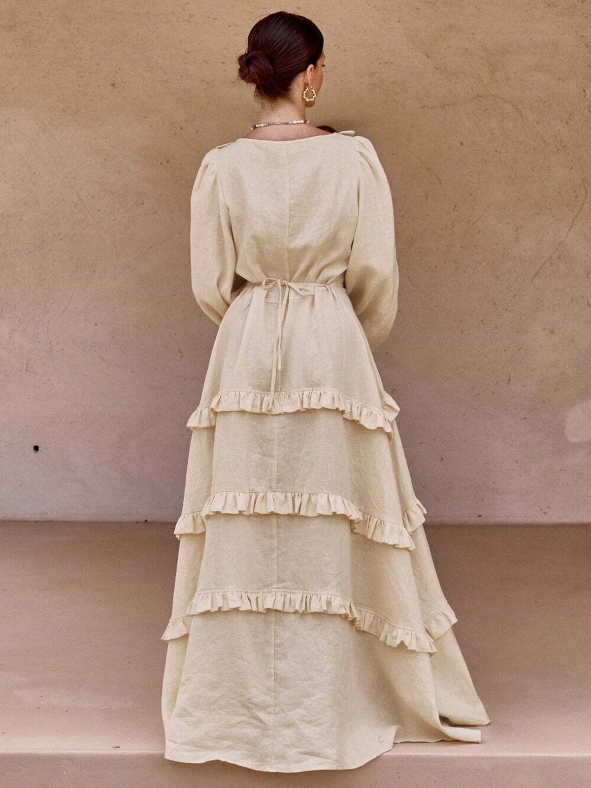 Cotton & Linen Semi-Sheer Ruffle Trim Long Dress-Massicos