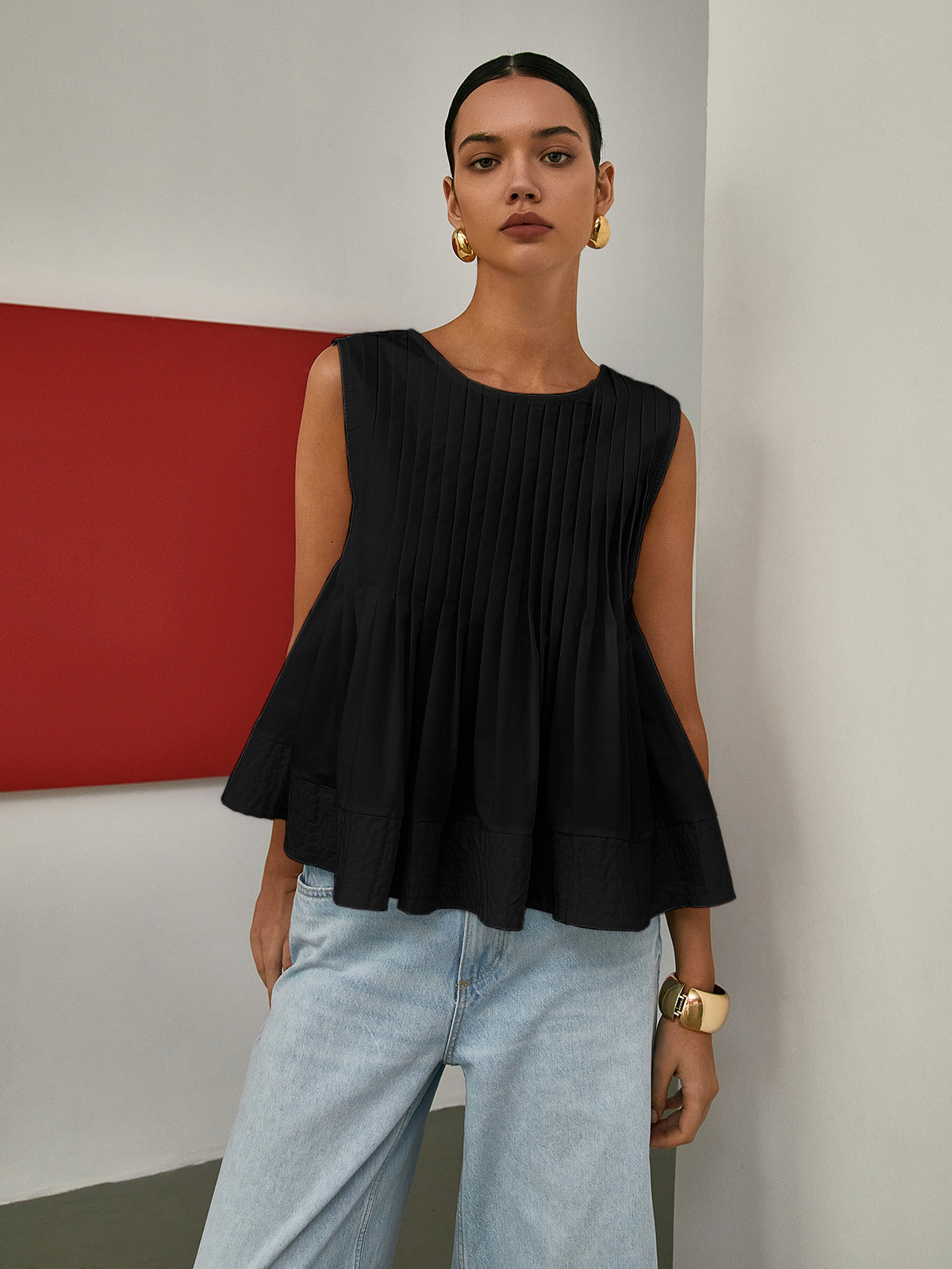 Pleated Peplum Sleeveless Blouse-Massicos