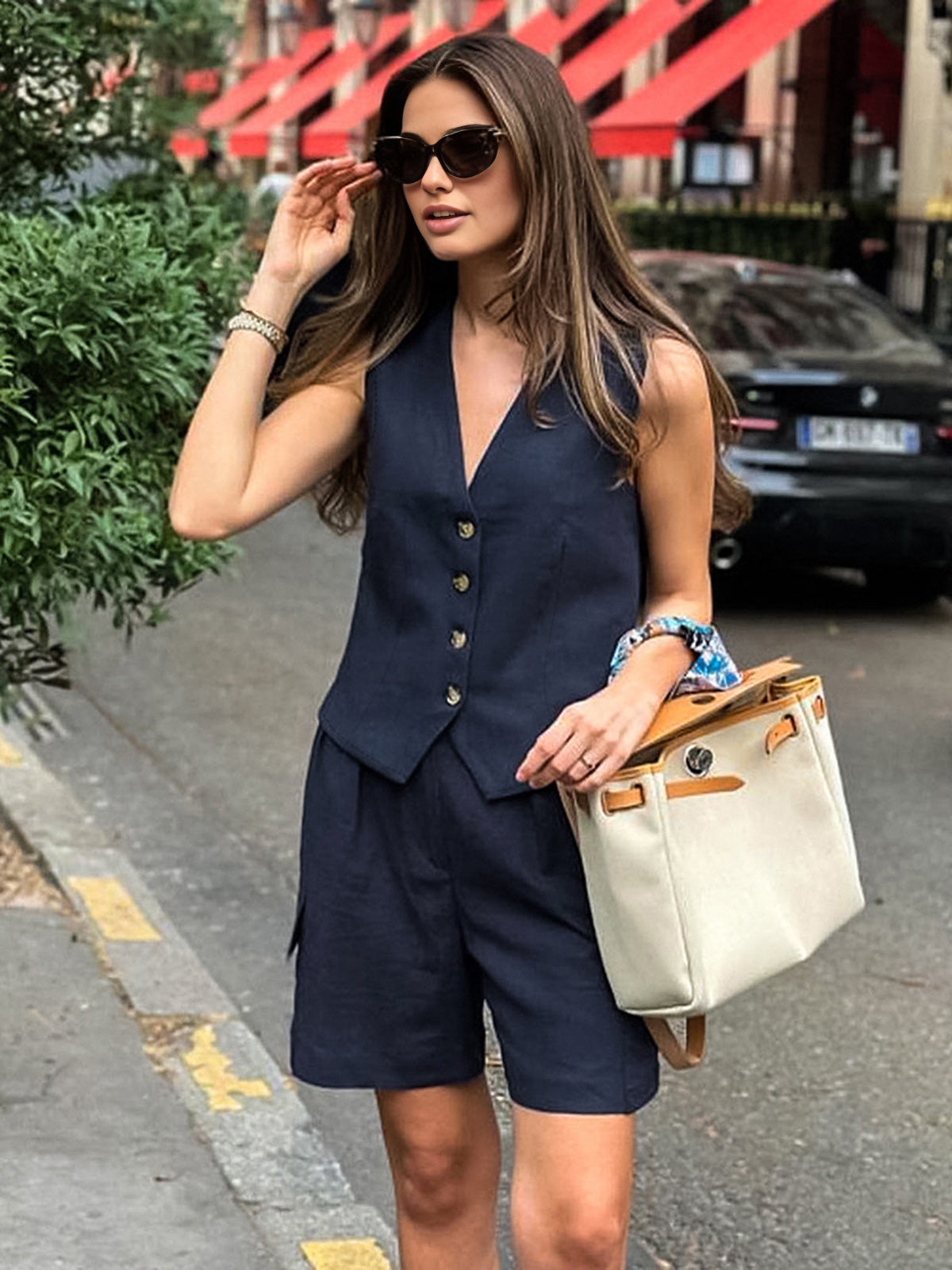 Pure Cotton Casual Tailored Pockets Shorts Set-Massicos
