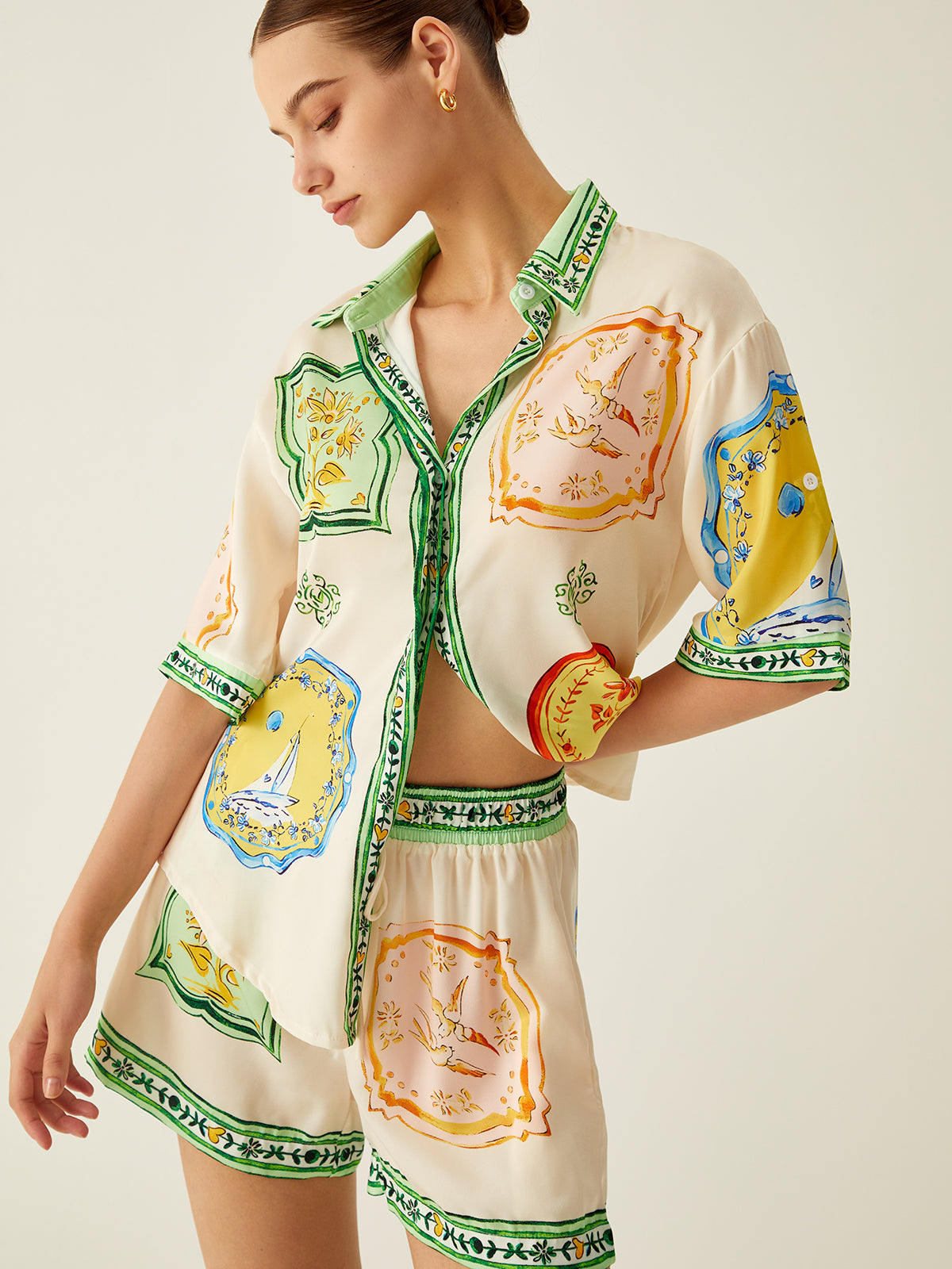 Loosen Printed Satin Shorts Set-Massicos