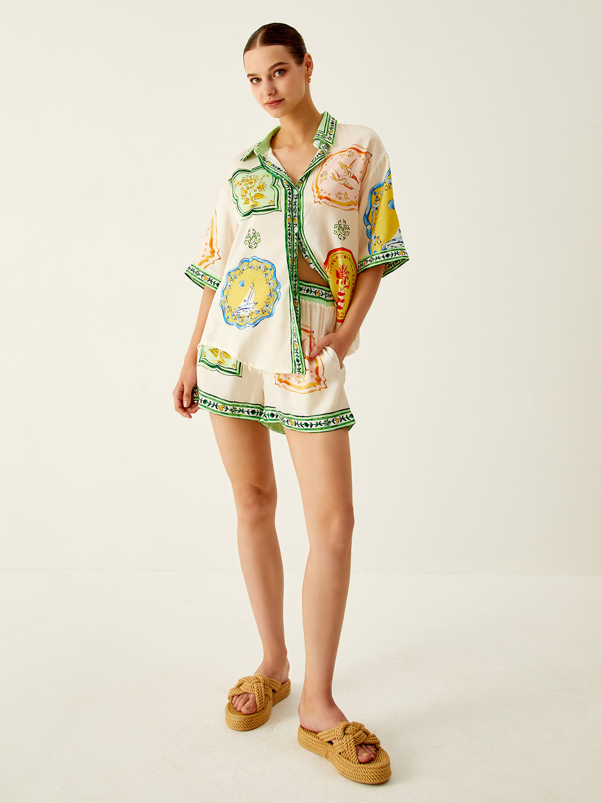 Loosen Printed Satin Shorts Set-Massicos