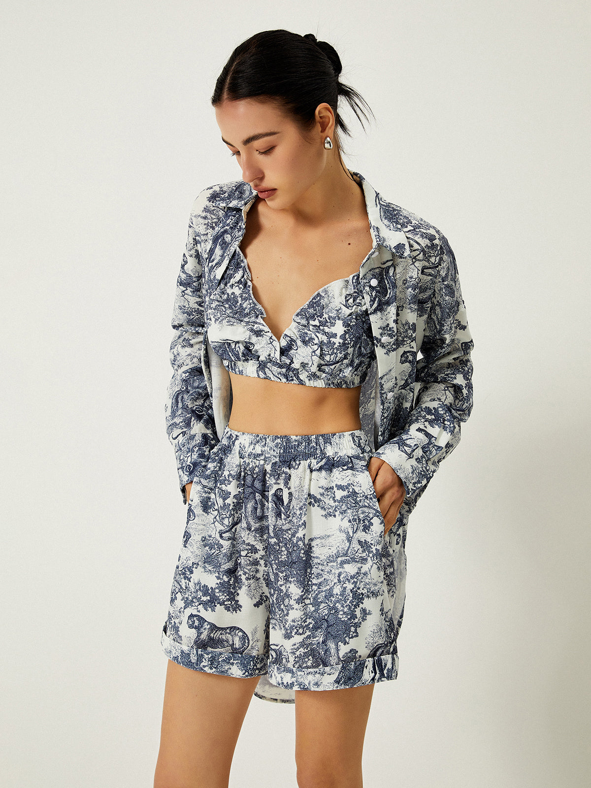 Floral Print Three Piece Shorts Set-Massicos