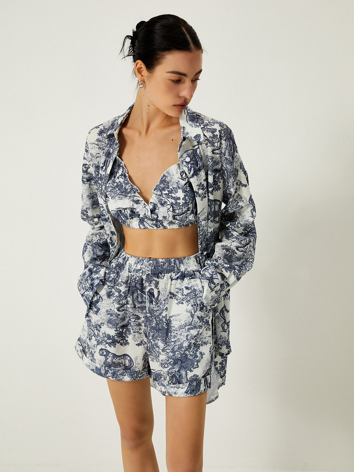 Floral Print Three Piece Shorts Set-Massicos