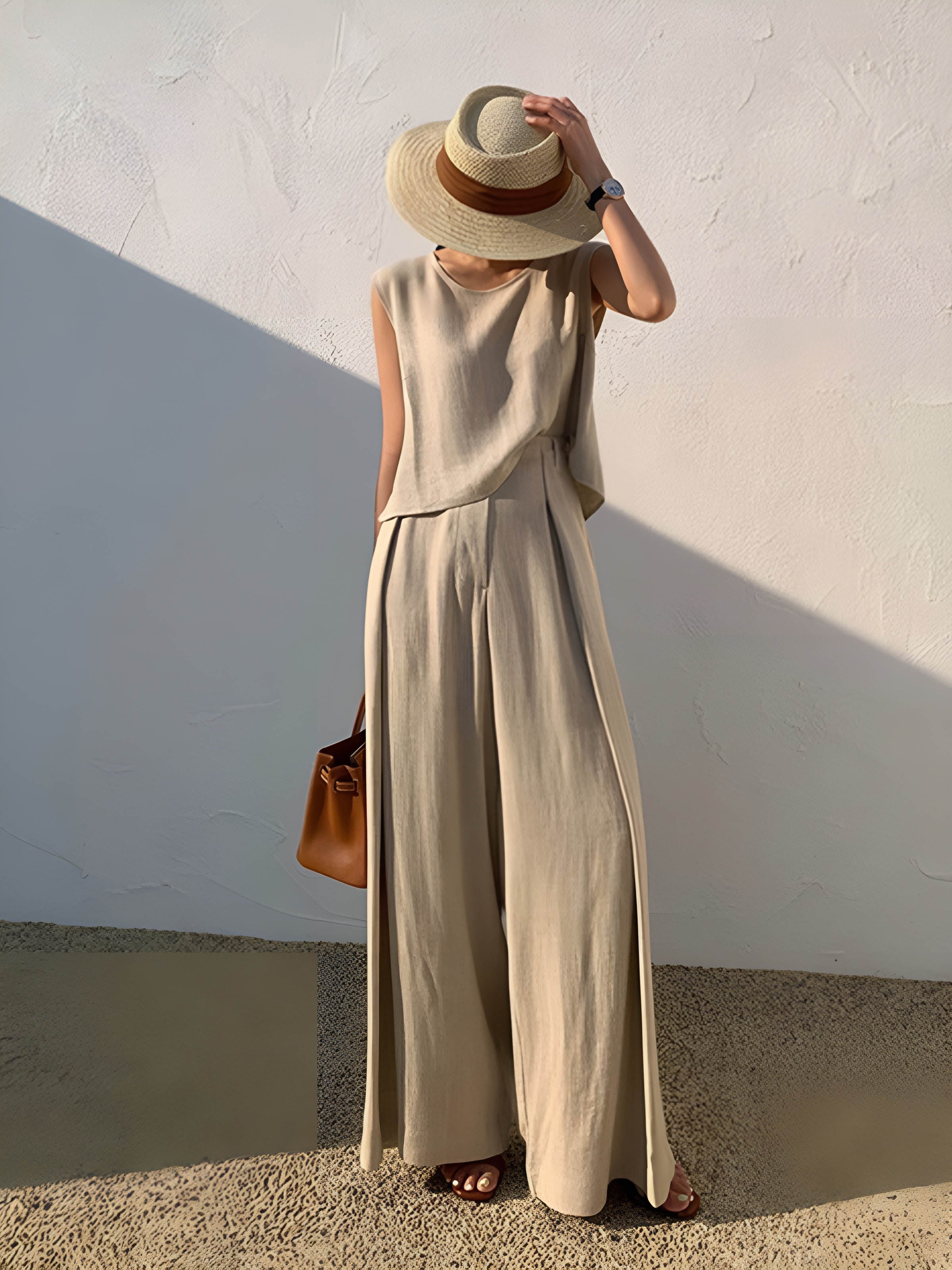 Linen Blends Casual Pants Set-Massicos