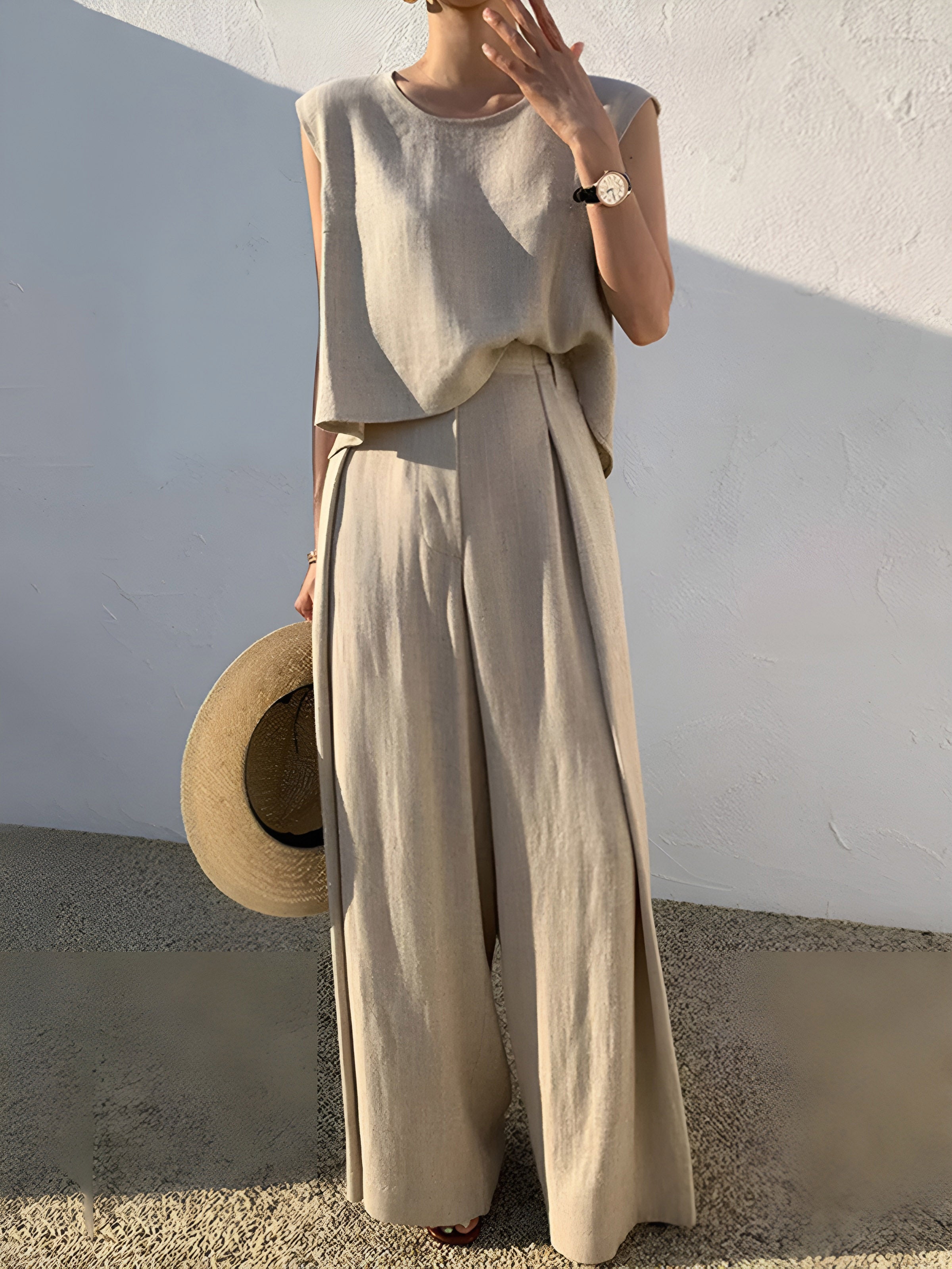 Linen Blends Casual Pants Set-Massicos