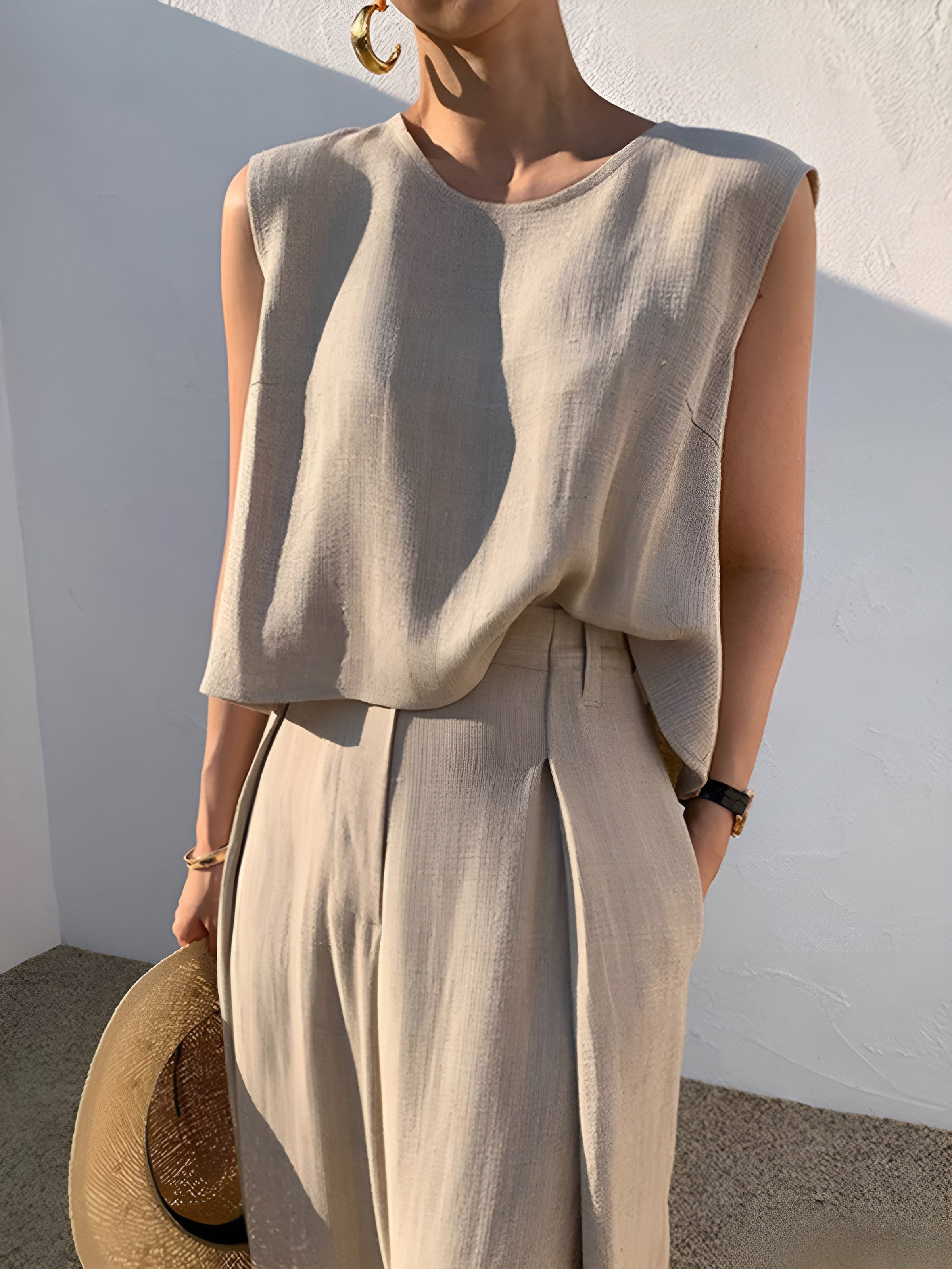 Linen Blends Casual Pants Set-Massicos