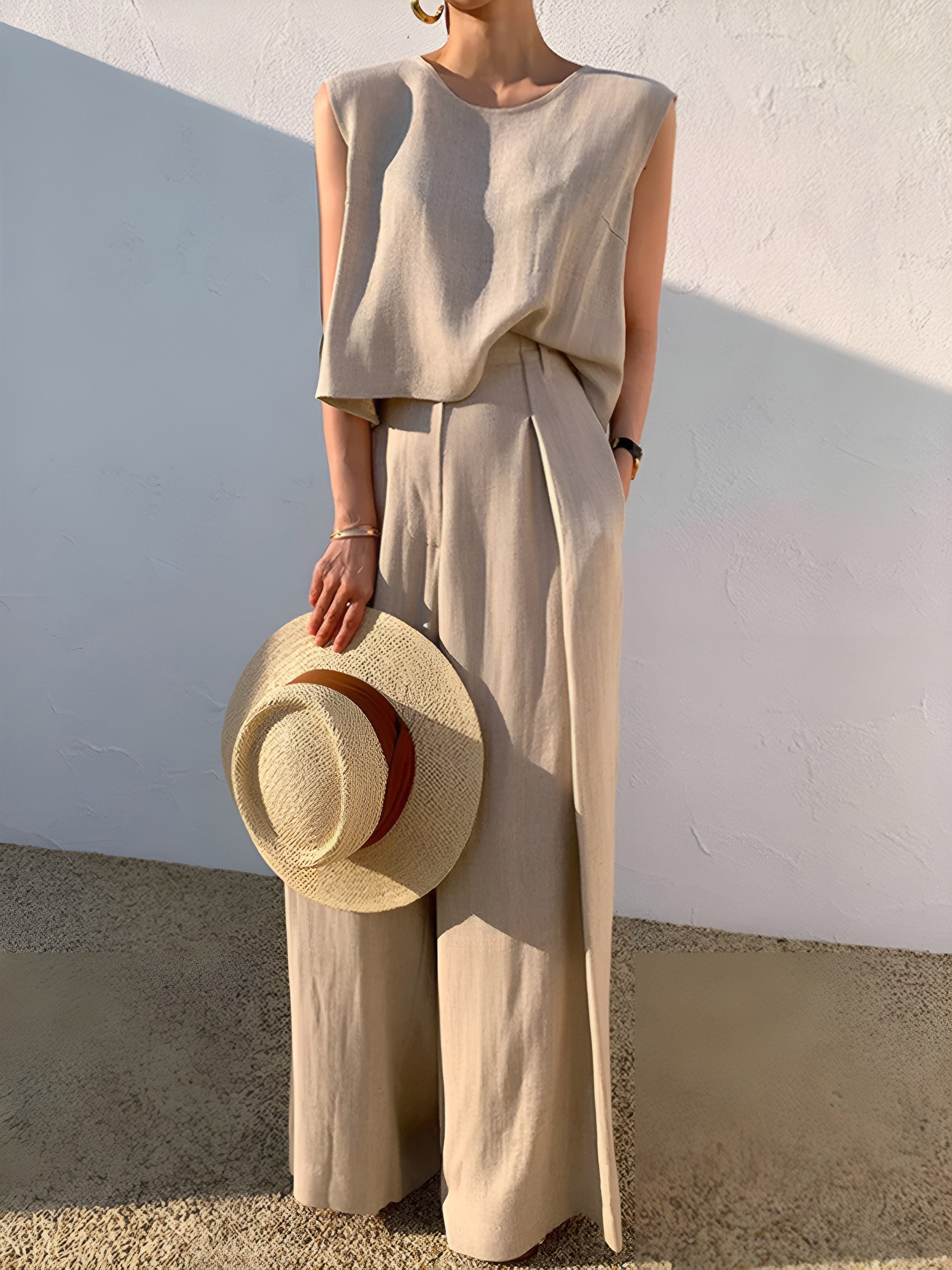 Linen Blends Casual Pants Set-Massicos