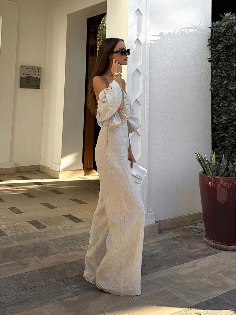 Linen Blends Puff Sleeve Jumpsuit-Massicos