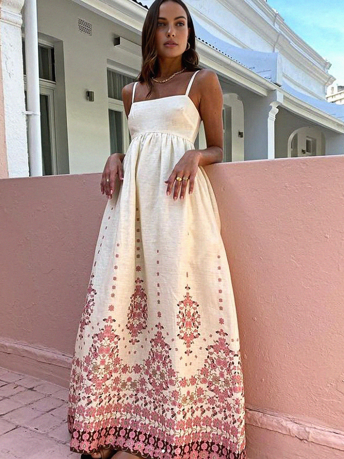 Floral Print Spaghetti Strap Long Dress-Massicos