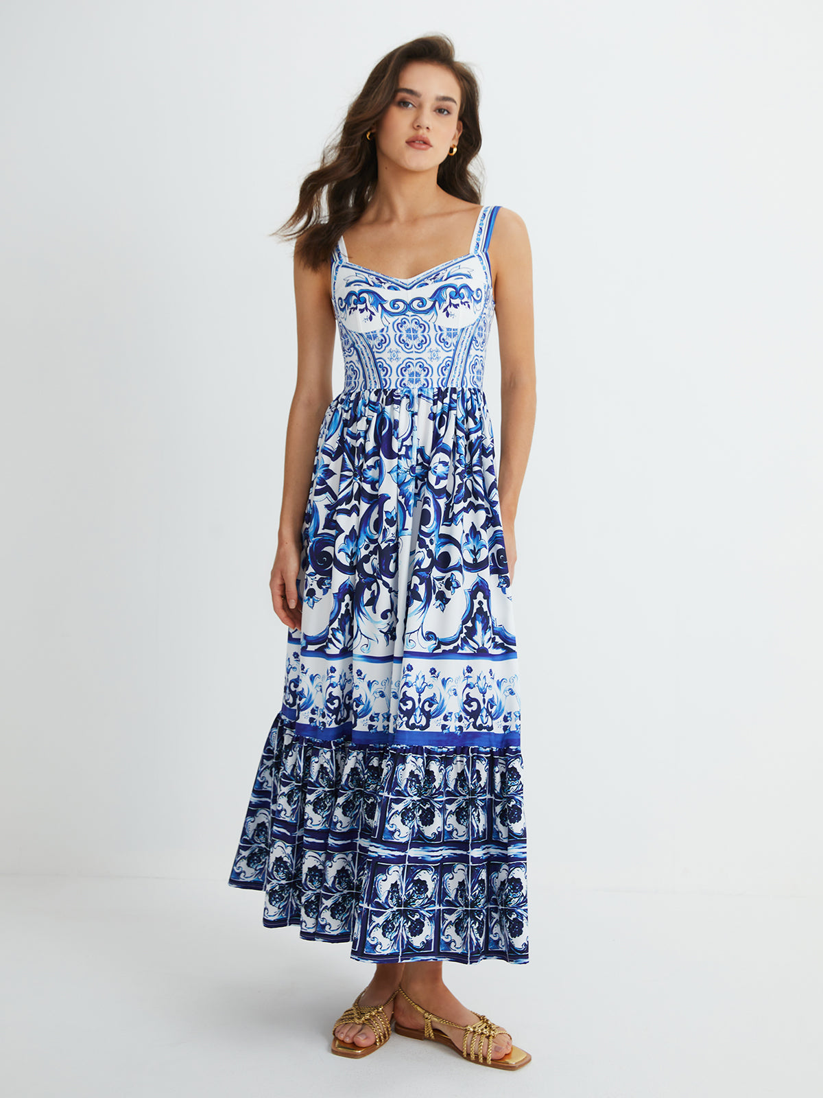 Print Strap Pleated Long Dress-Massicos
