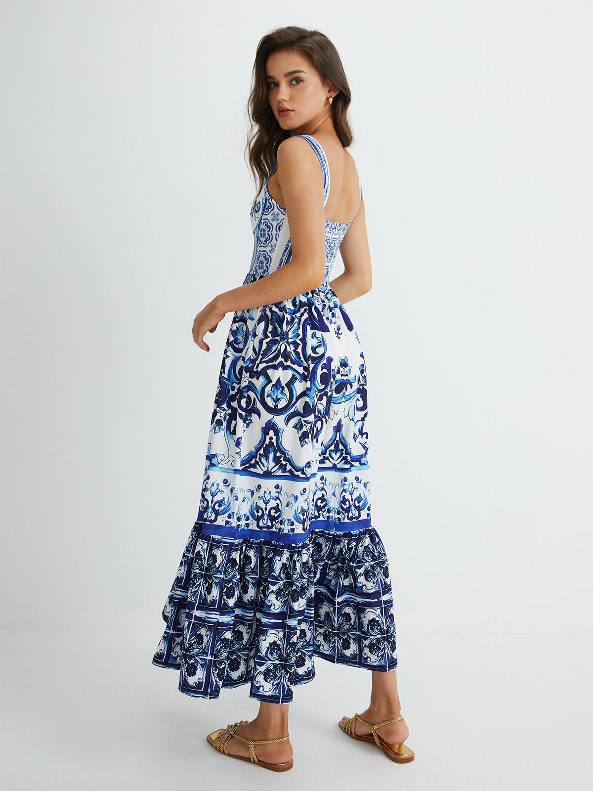 Print Strap Pleated Long Dress-Massicos