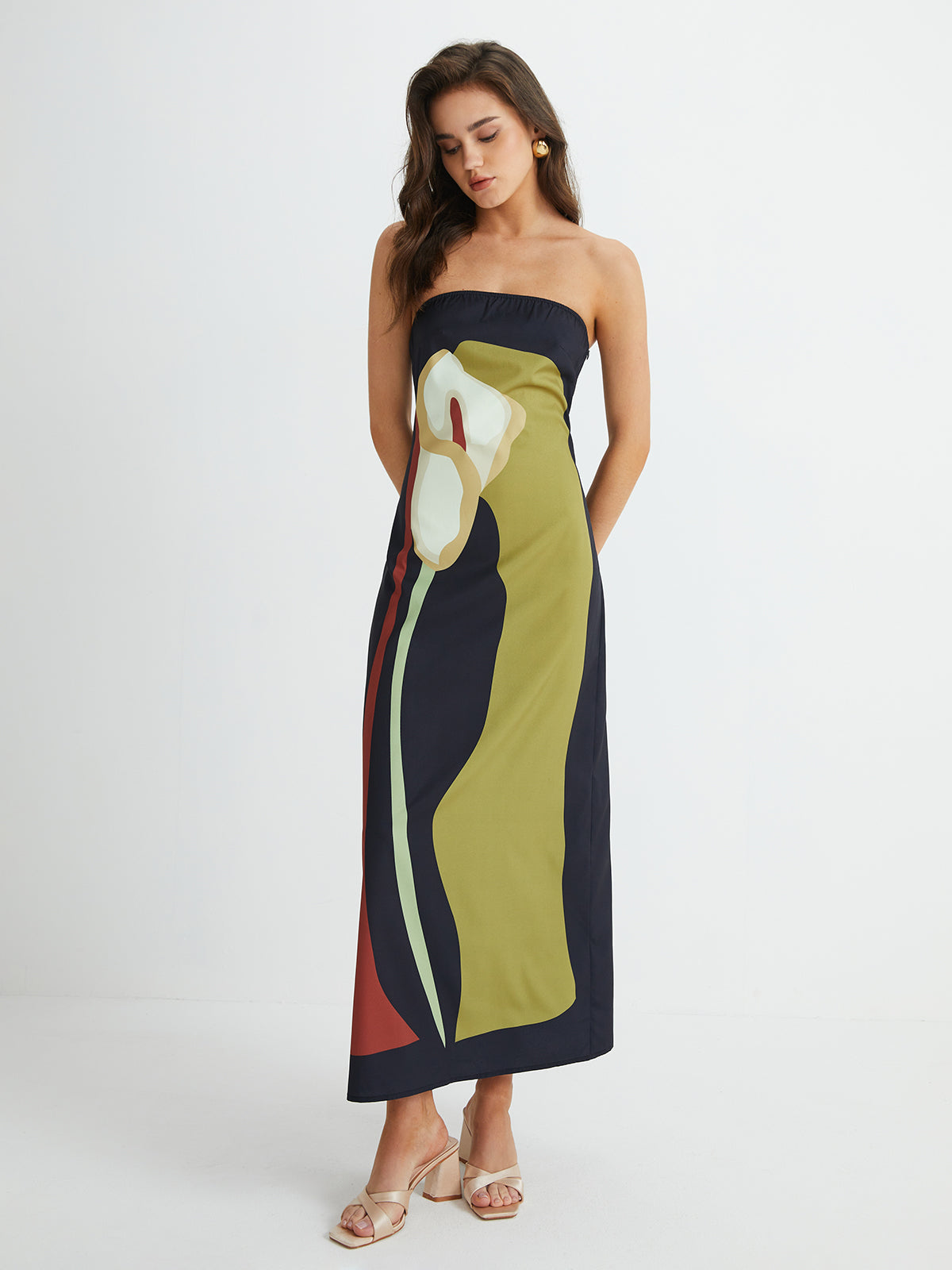 Large Floral Print Split Tube Long Dress-Massicos
