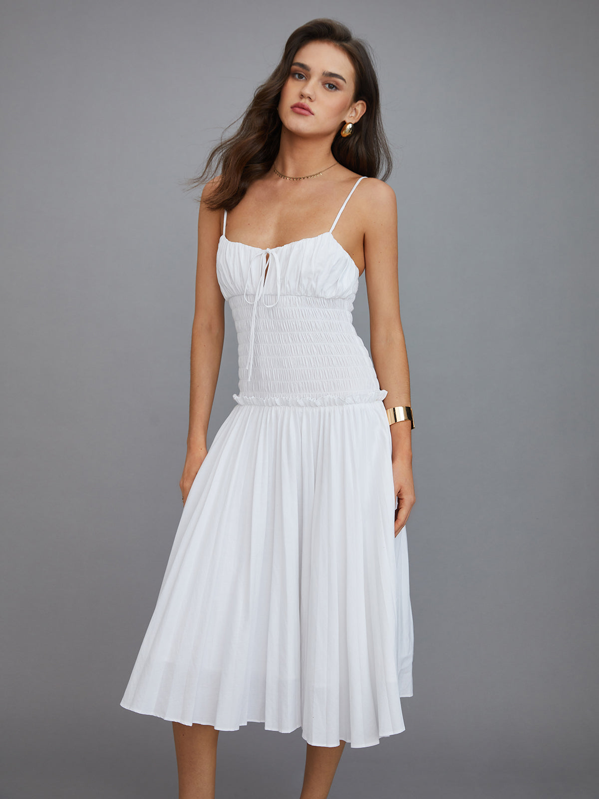 Cutout Tie Front Pleated Cami Midi Dress-Massicos