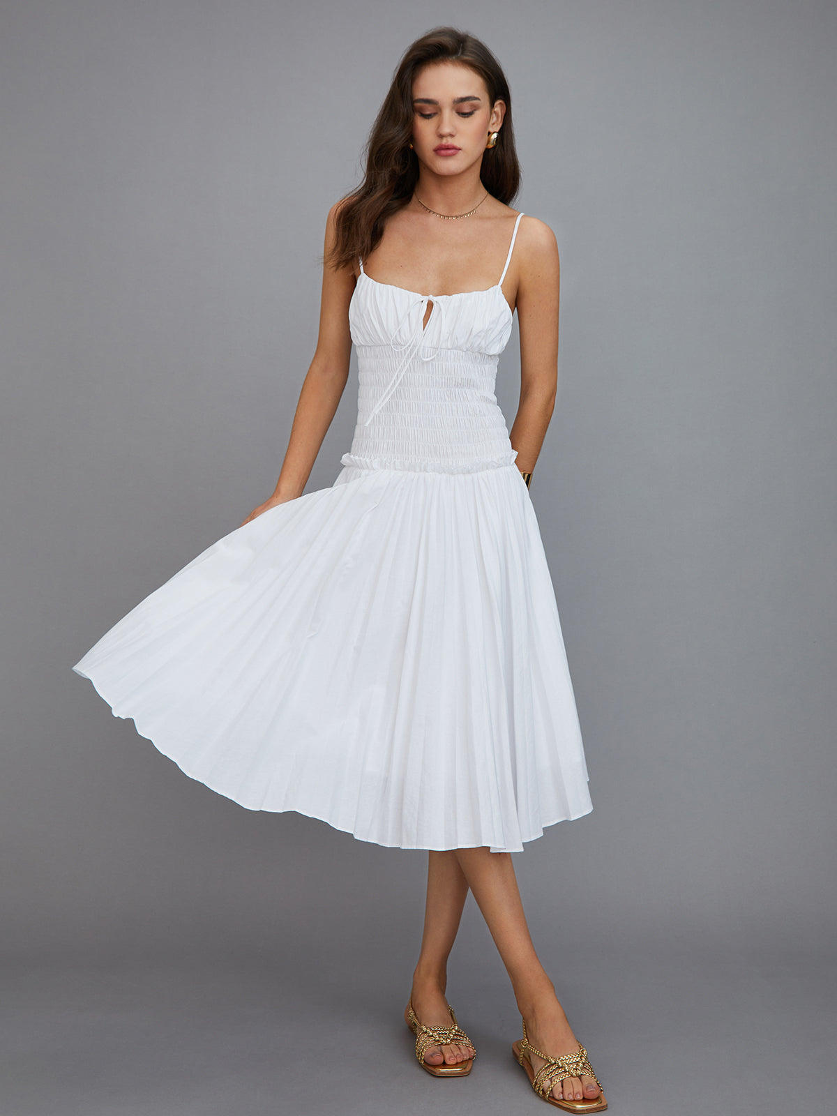 Cutout Tie Front Pleated Cami Midi Dress-Massicos